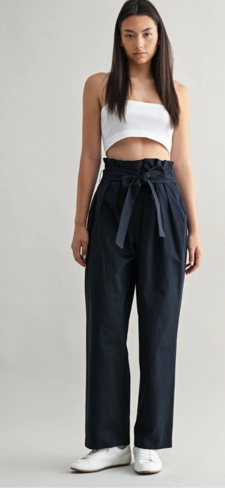 Navy Blue Paper Bag Waist Wide-Leg Pants