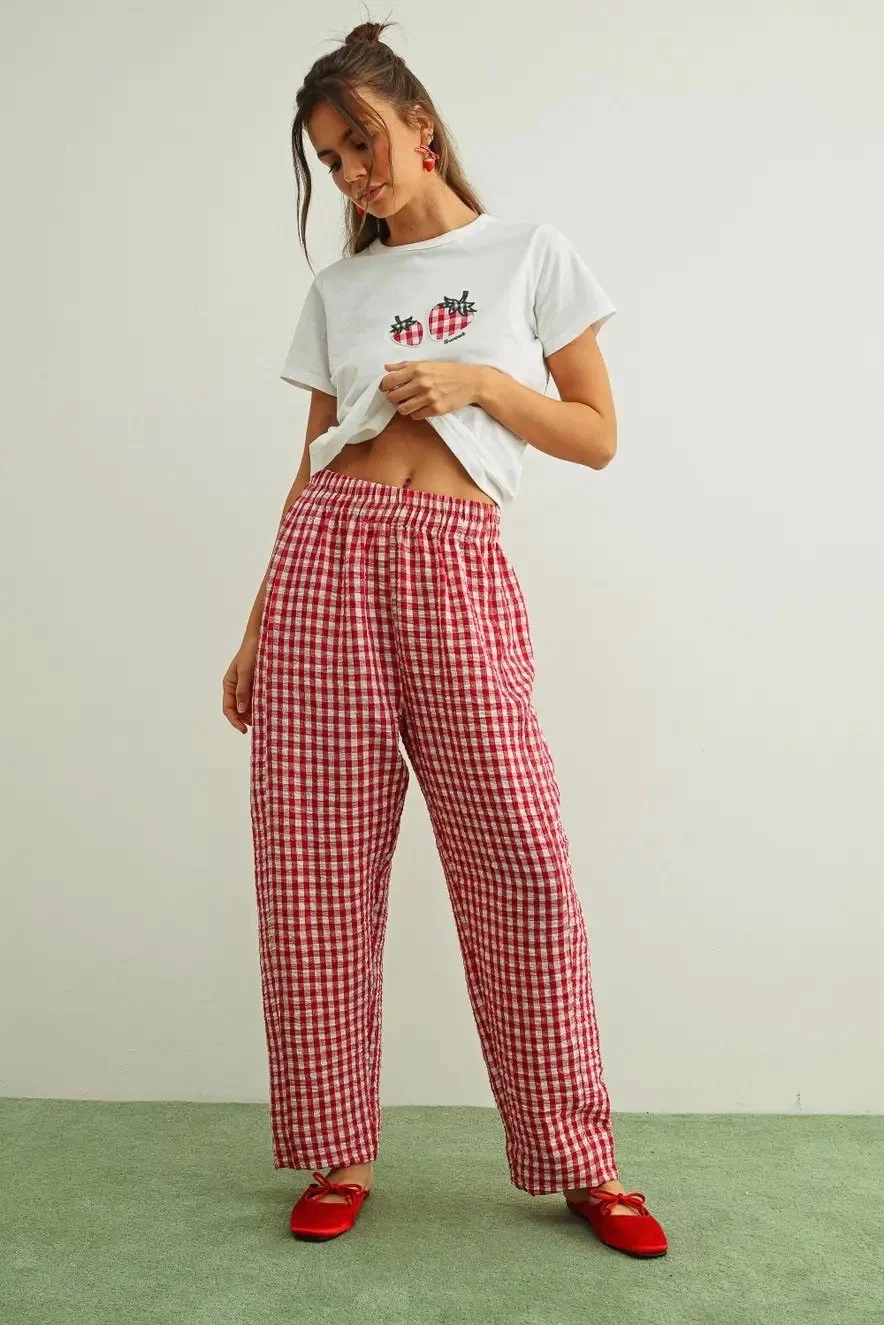 Pattern Elastic Waist Cotton Pants