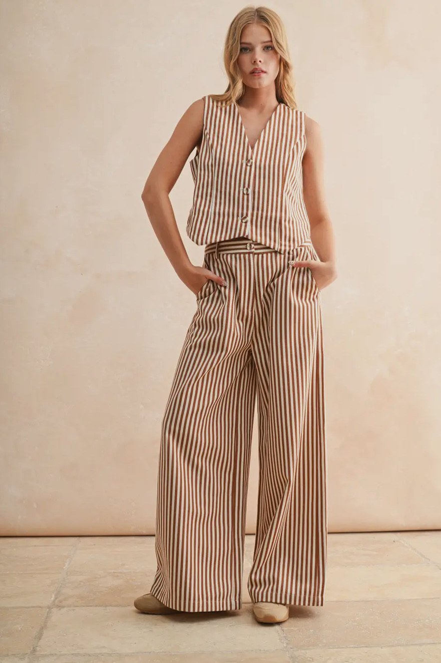 Striped Button Front Vest Mocha