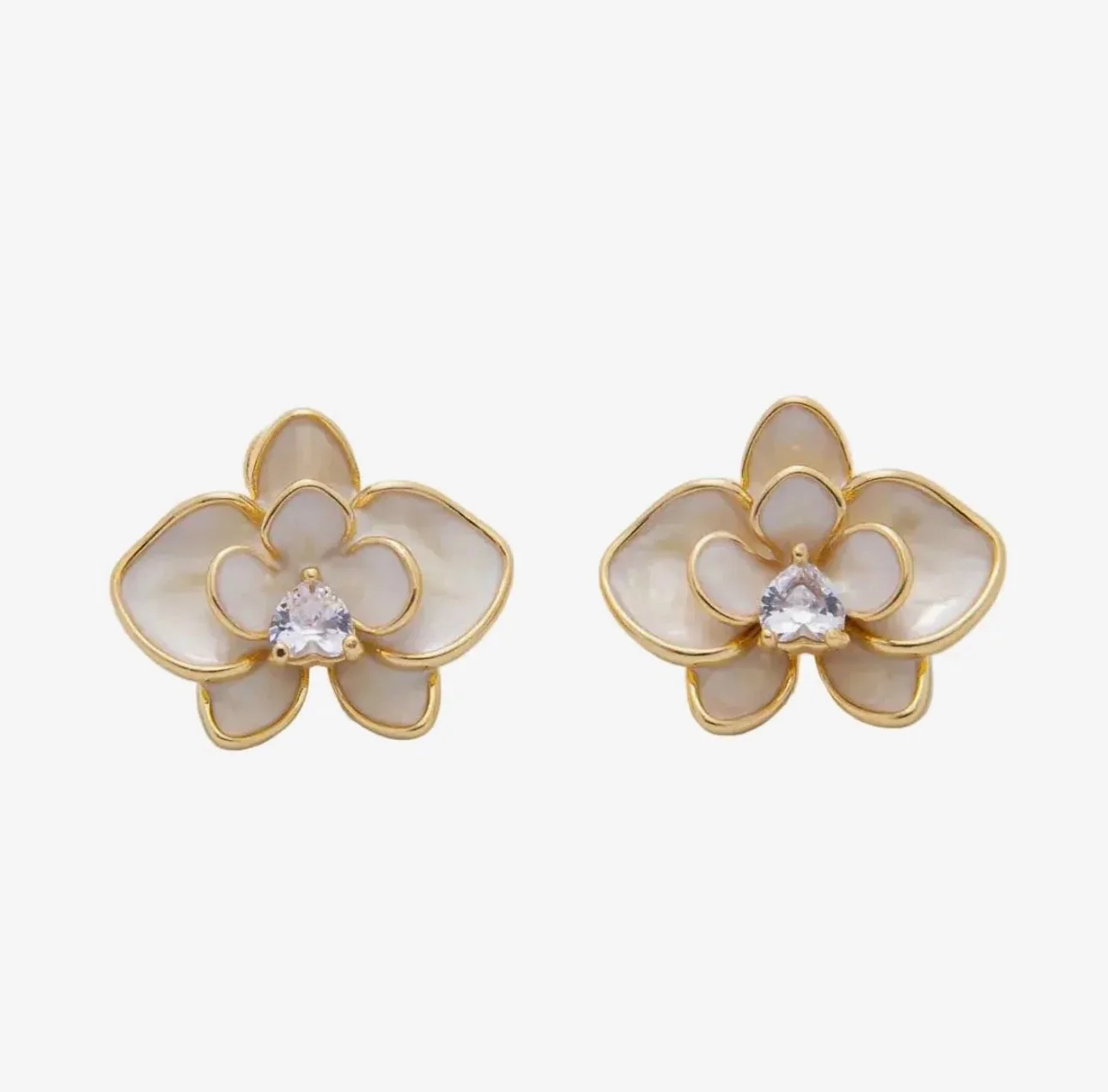 Heart-Shaped CZ Enamel Bloom Orchid Floral Stud Earrings