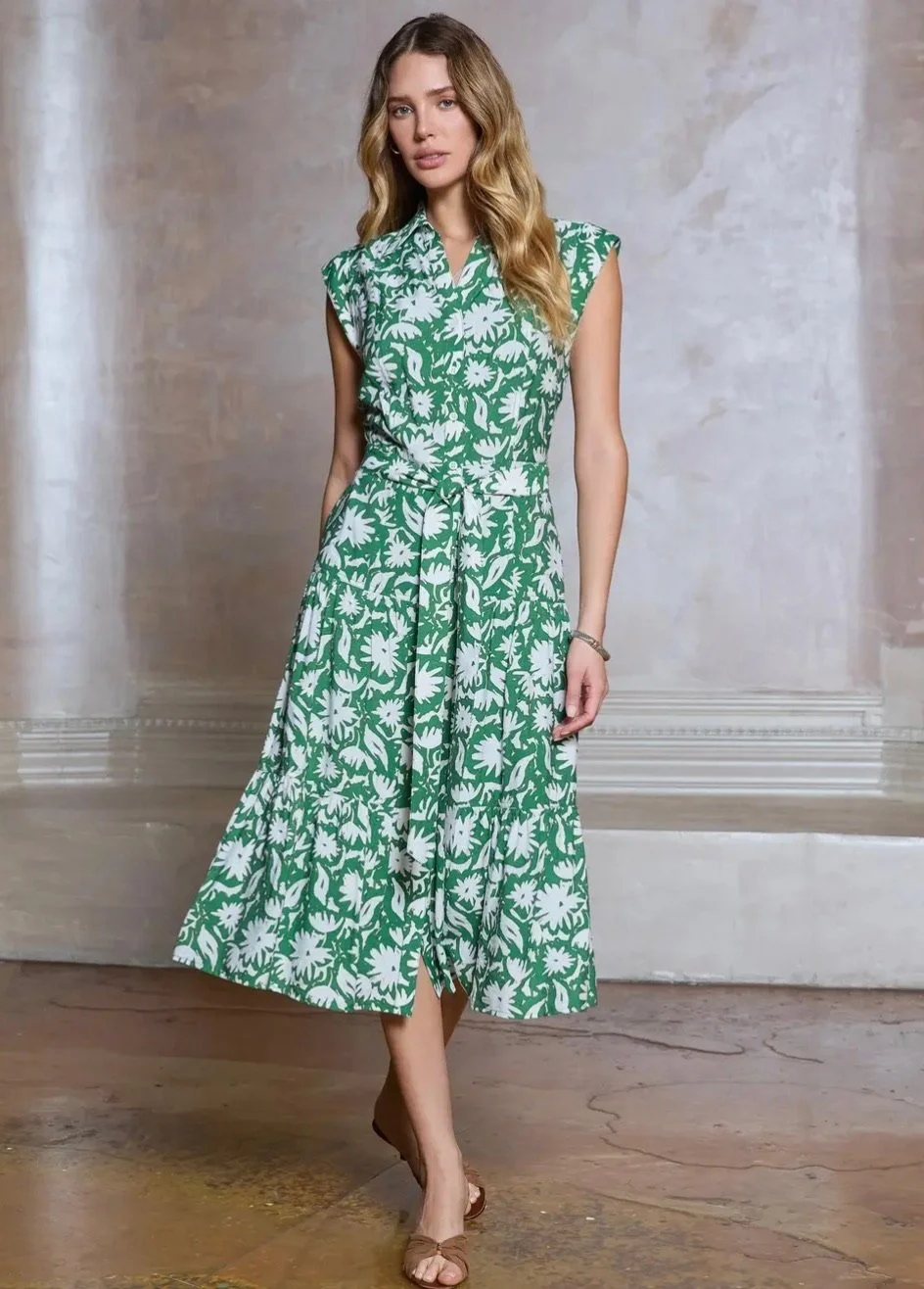 Graceful Green Floral Tiered Midi Dress
