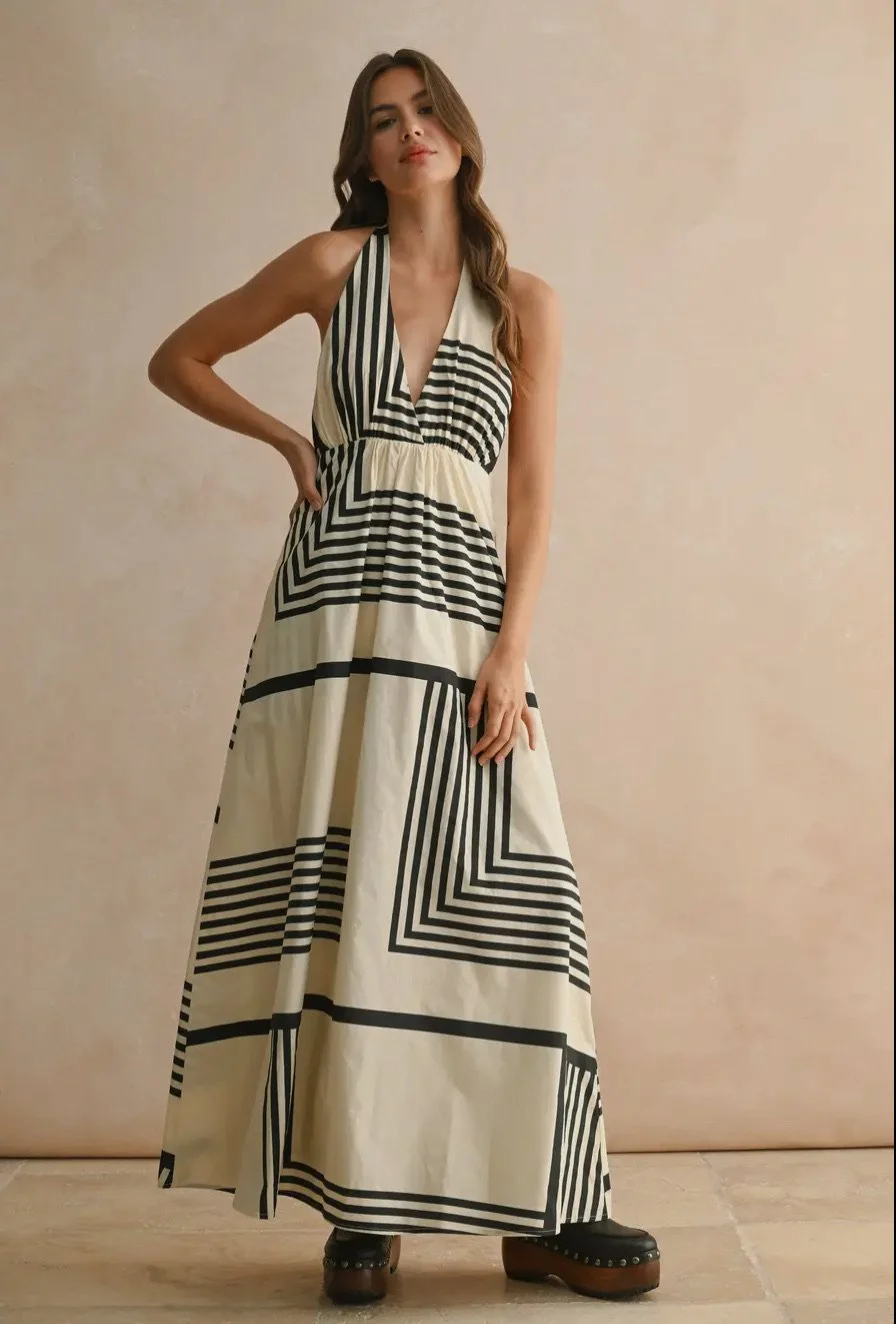 Multi Geo Print Halter Neck Dress