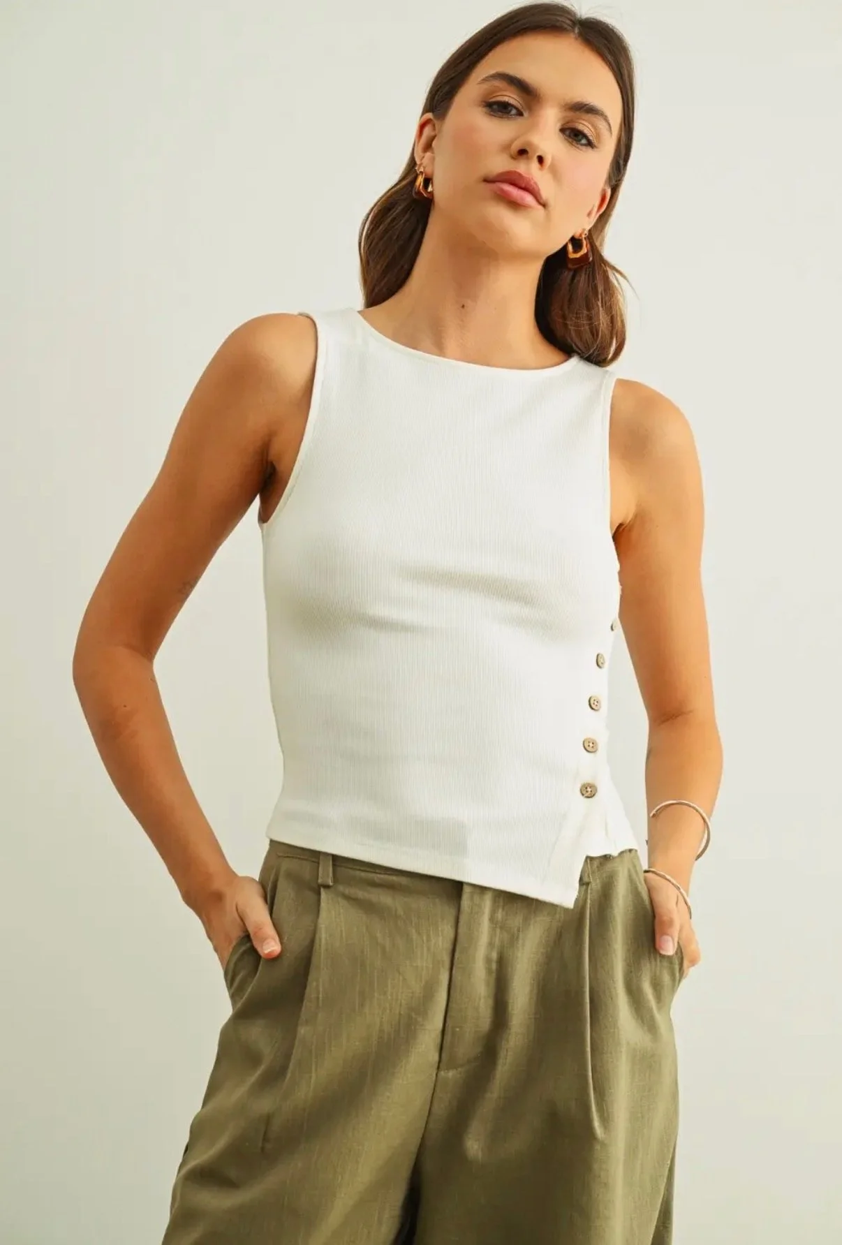 Ribbed Elegance Button Side Top