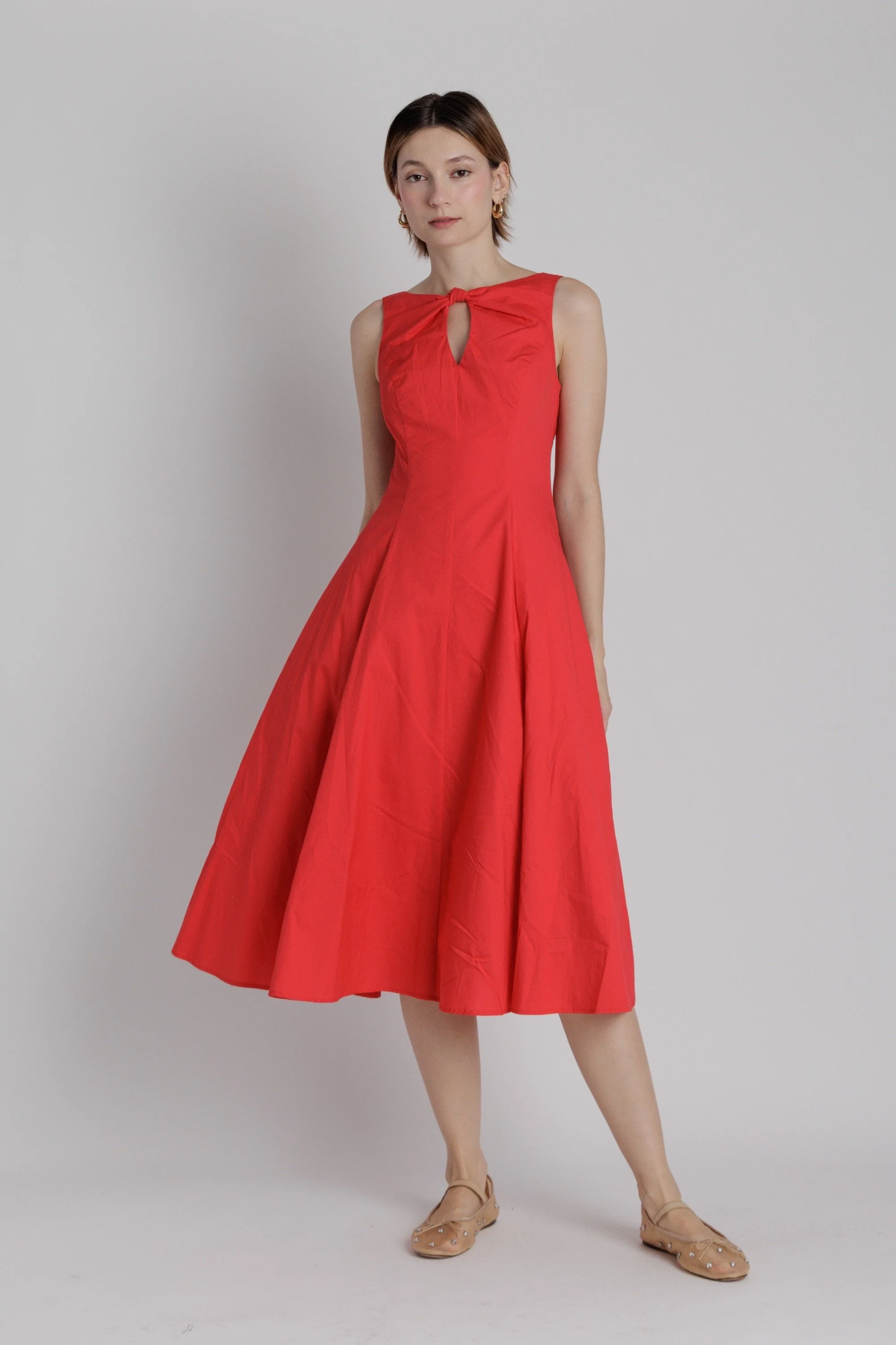 Red Poplin Keyhole Midi Dress