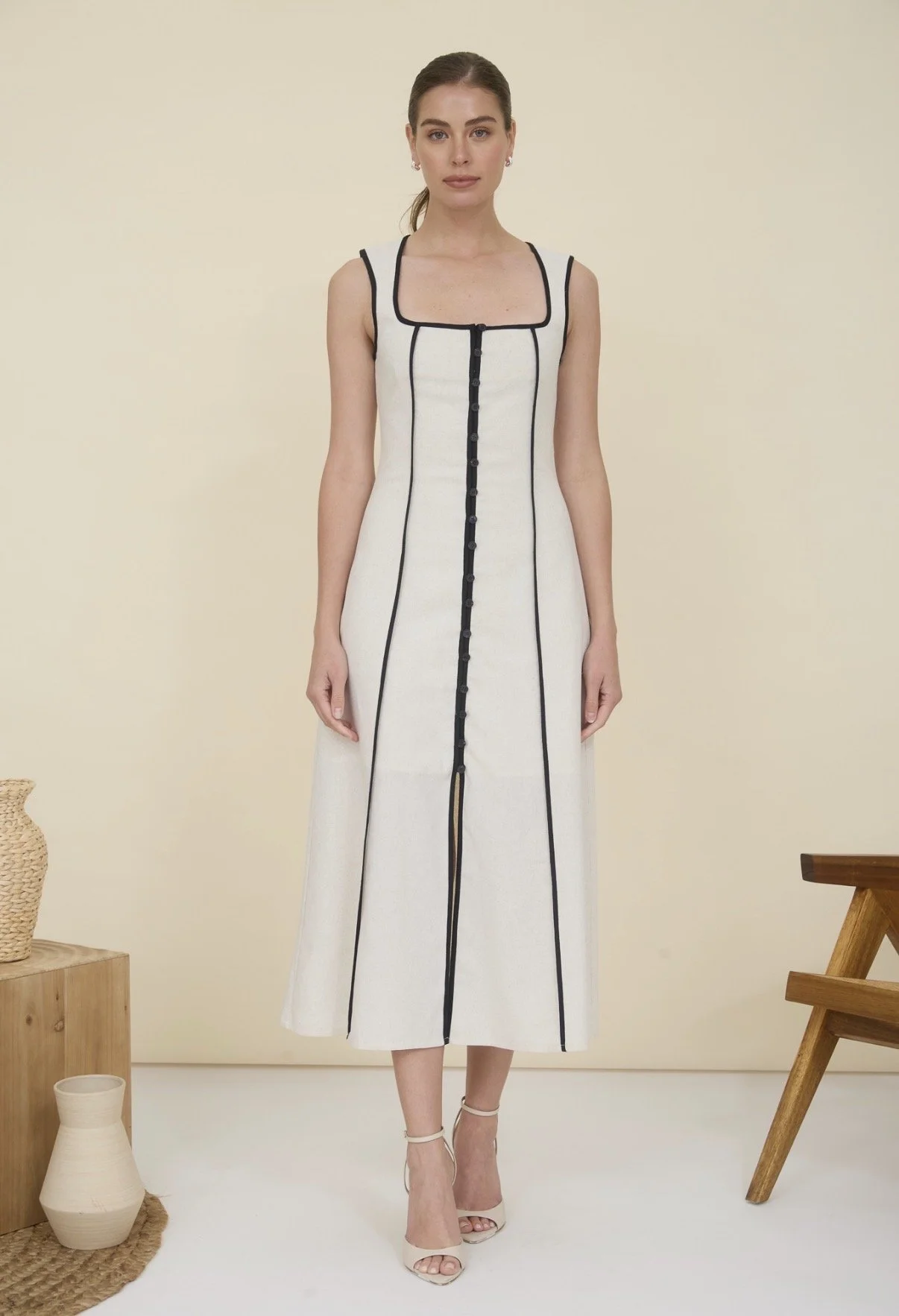 Linen Contrast Midi Dress