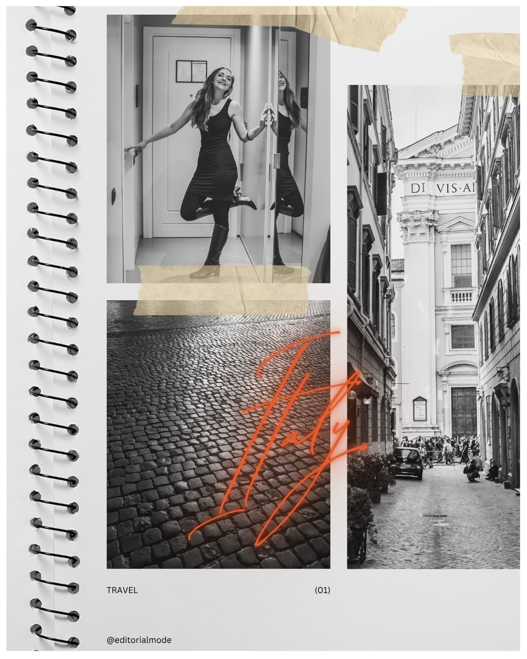 A collage featuring a black-and-white photo of a smiling woman in a black dress and boots posing with a mirror, an image of a European cobblestone street at sunset, and a historic European building with classical architecture and a crowd outside, wit