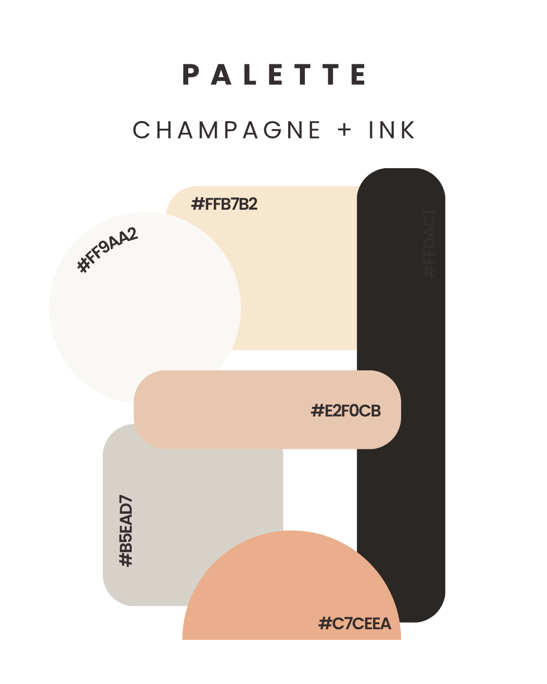 Color palette featuring champagne and ink colors with hex codes, illustrating various neutral shades including white, beige, tan, gray, and black.