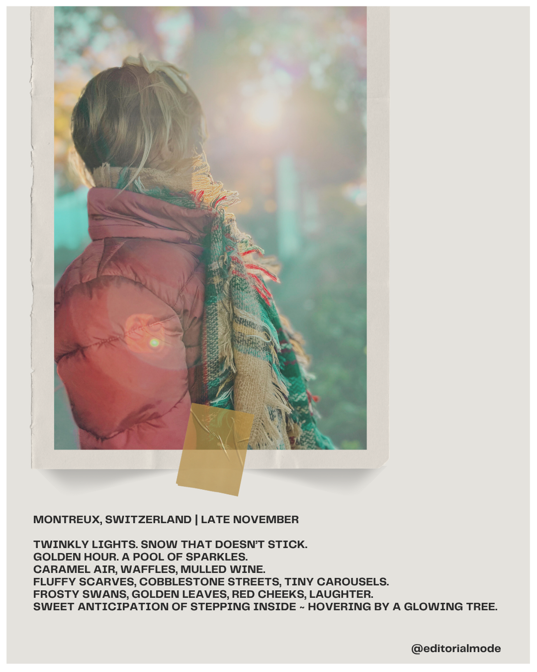 A person wearing a pink puffy jacket and a colorful scarf looking at the sunlight filtering through trees in Montreux, Switzerland in late November.