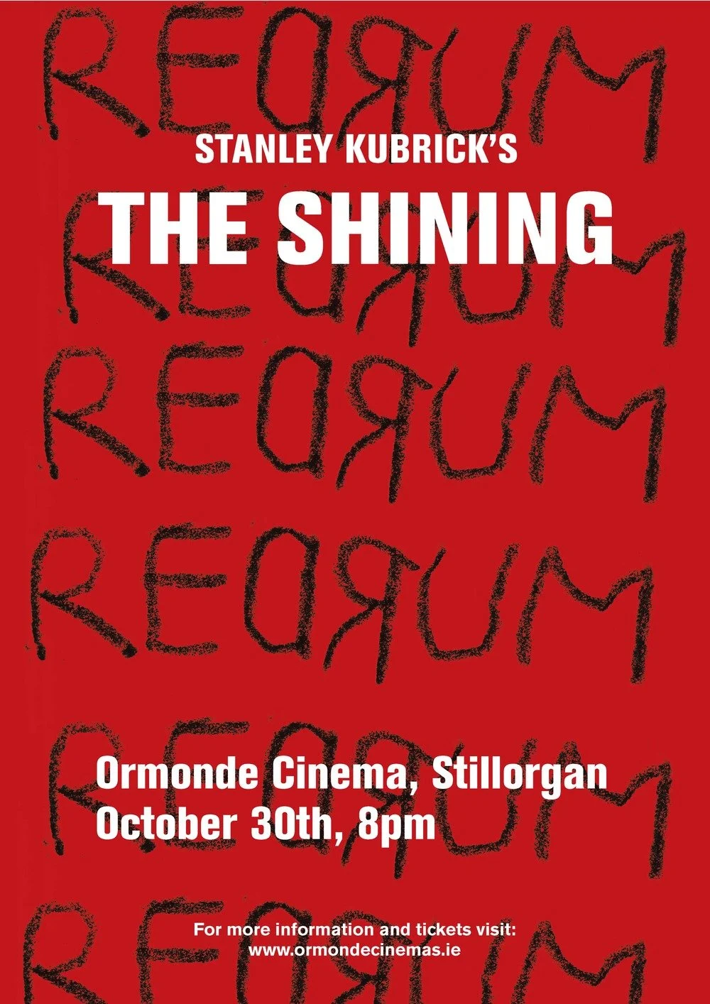 Poster for Stanley Kubrick's 'The Shining' screening event, featuring red background with black handwritten-style text spelling 'REDRUM' repeatedly.