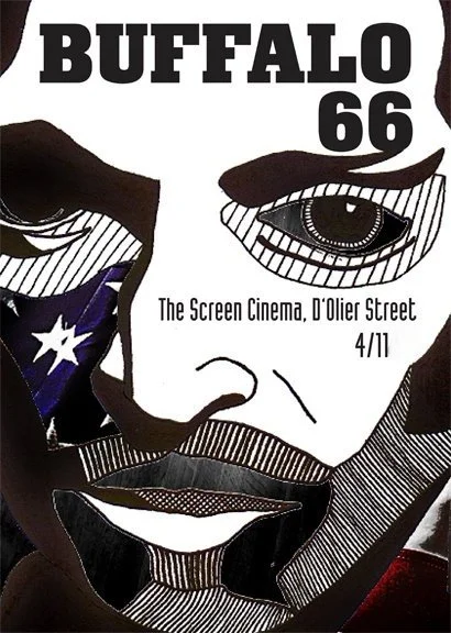 Stylized illustration of a woman's face with large eyes, partially covered by a dark hood, and featuring the text 'BUFFALO 66' and details of a cinema screening at O'Neill Street on April 11.
