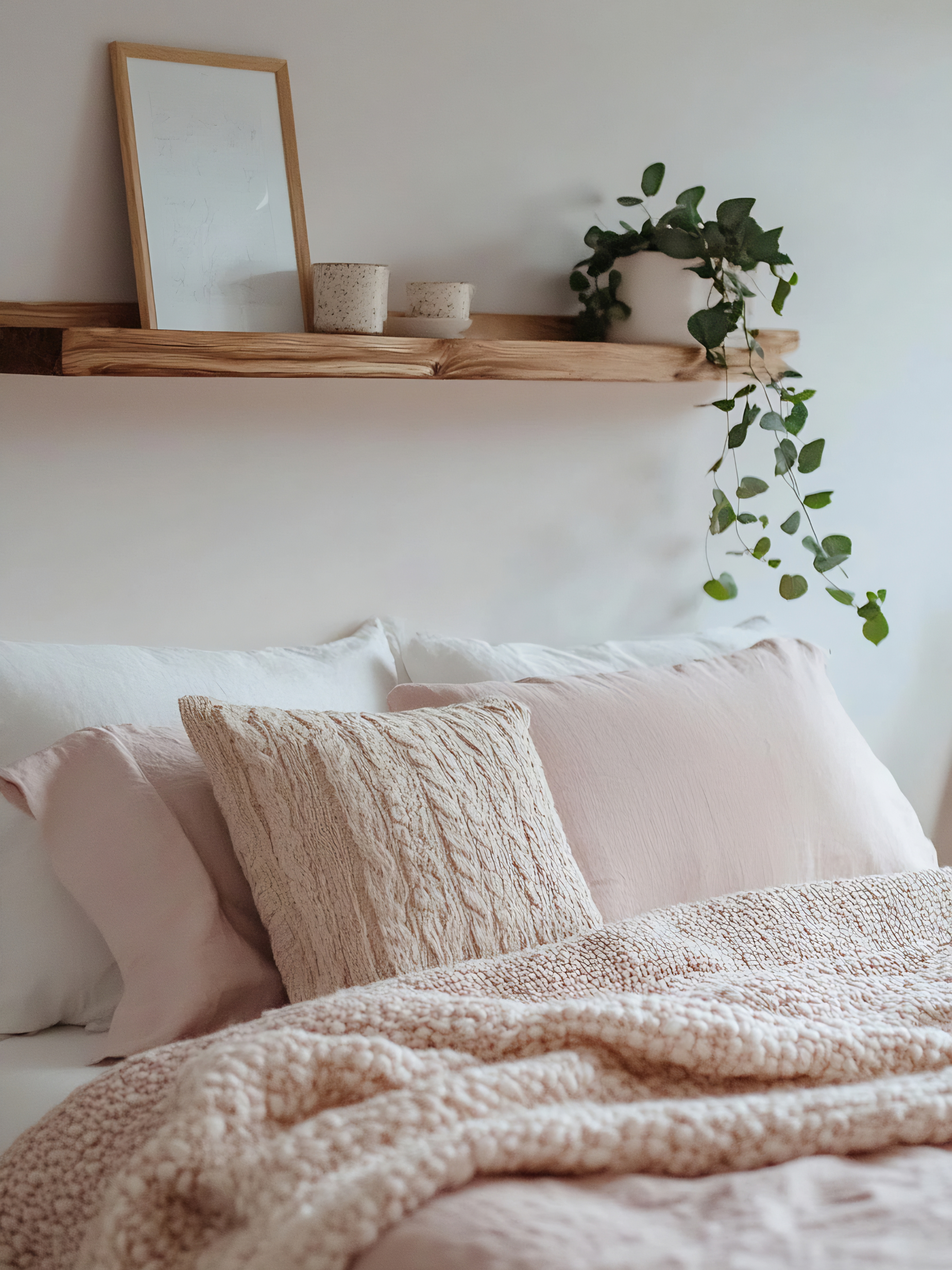 A cozy bedroom with a white bed, featuring blush and textured cream pillows, a soft knitted blanket, a floating wooden shelf above the bed holding a framed picture, two small speckled planters, and a potted plant with trailing vines.