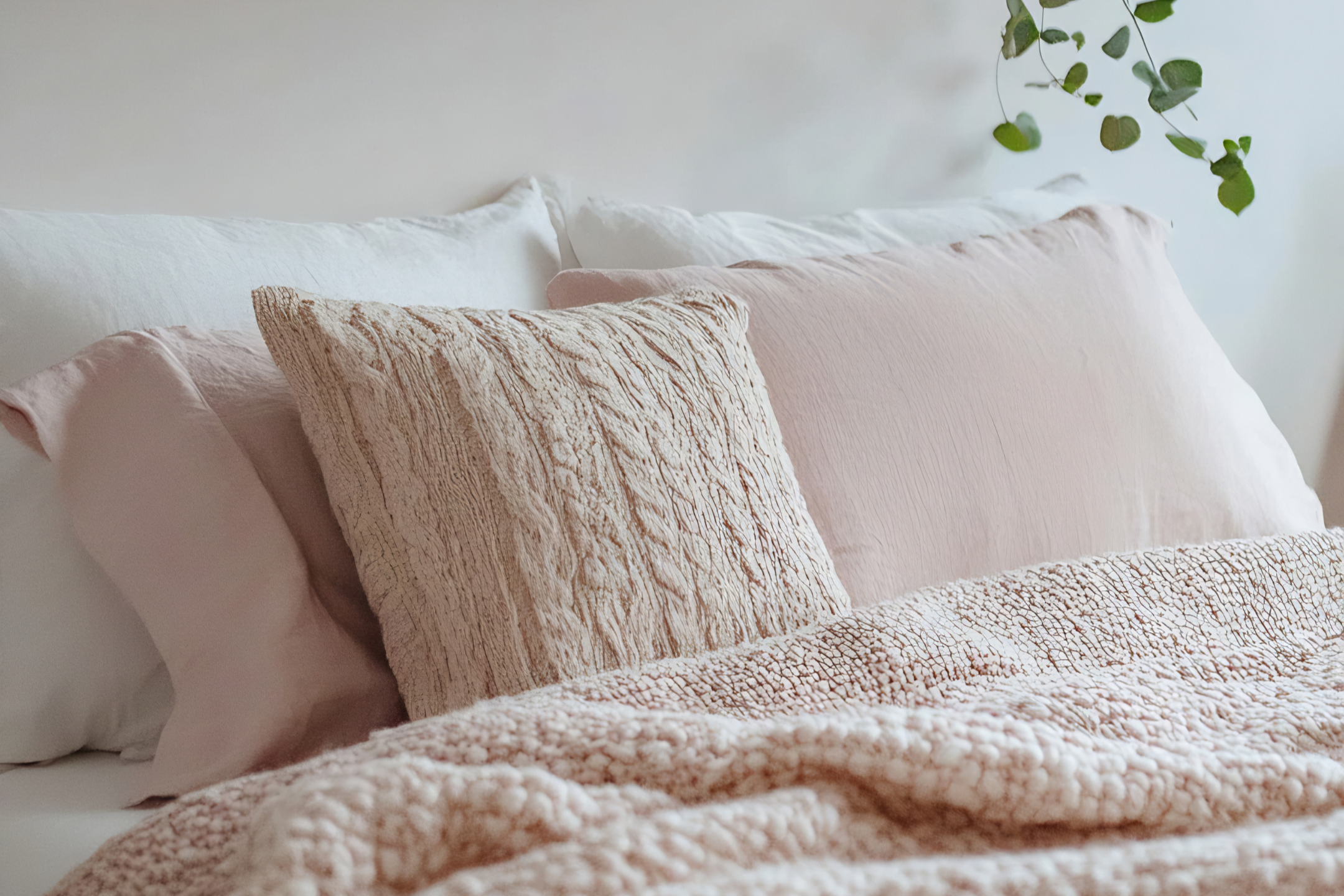 Stacked decorative pillows on a bed with a textured pink blanket and green foliage hanging from above.