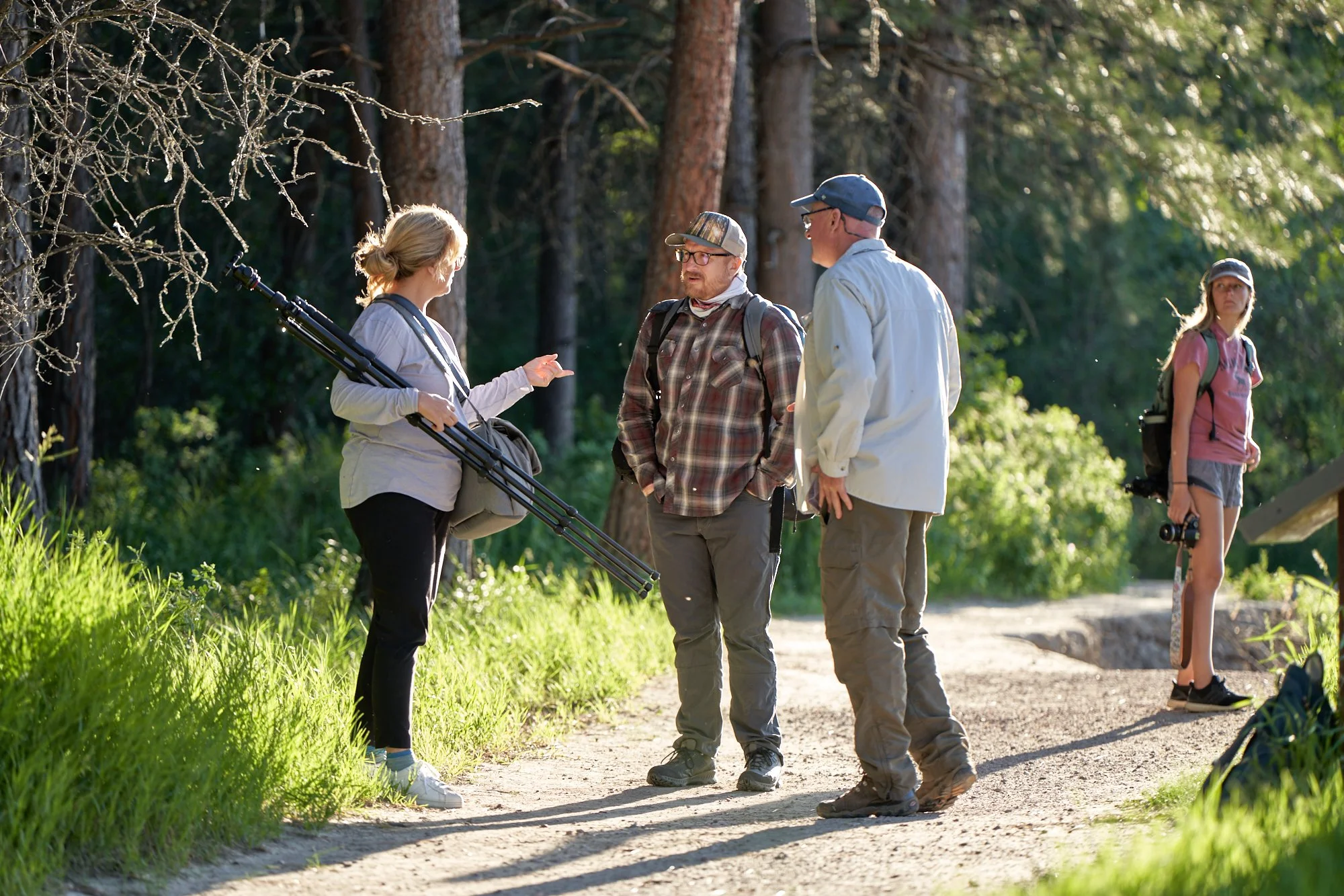 Four people standing on a dirt path in a forest, two men and two women, engaged in conversation. One woman is holding tripods, and another woman in the background is holding a camera. The scene is sunlit with green trees and grass.