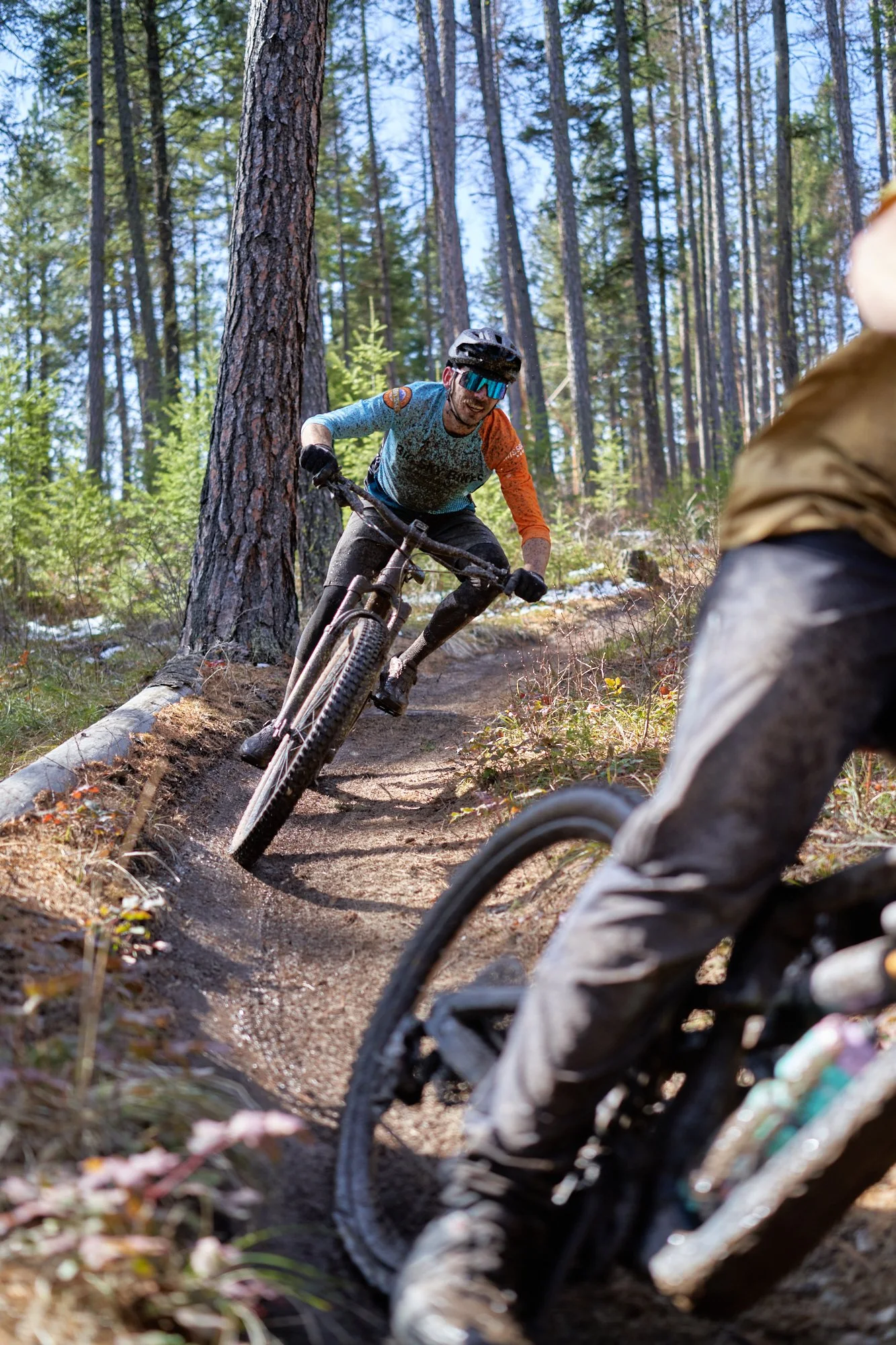 Two mountain bikers riding on a dirt trail through a forest of tall pine trees, with one rider in focus and the other partially visible.