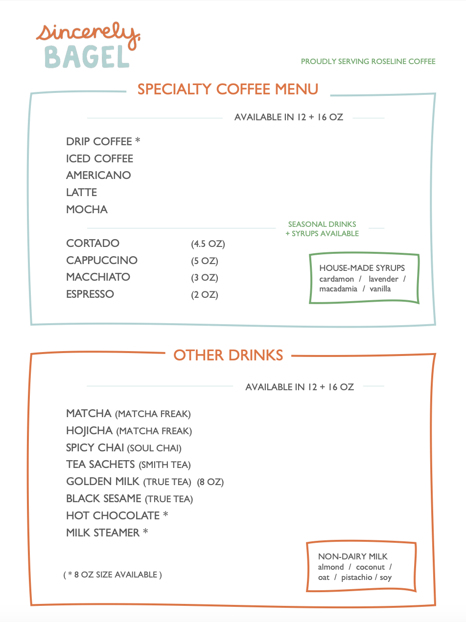 A coffee shop menu featuring specialty coffees, seasonal drinks, syrups, and other drinks like matcha, hojicha, chai, and teas, with prices for various sizes.