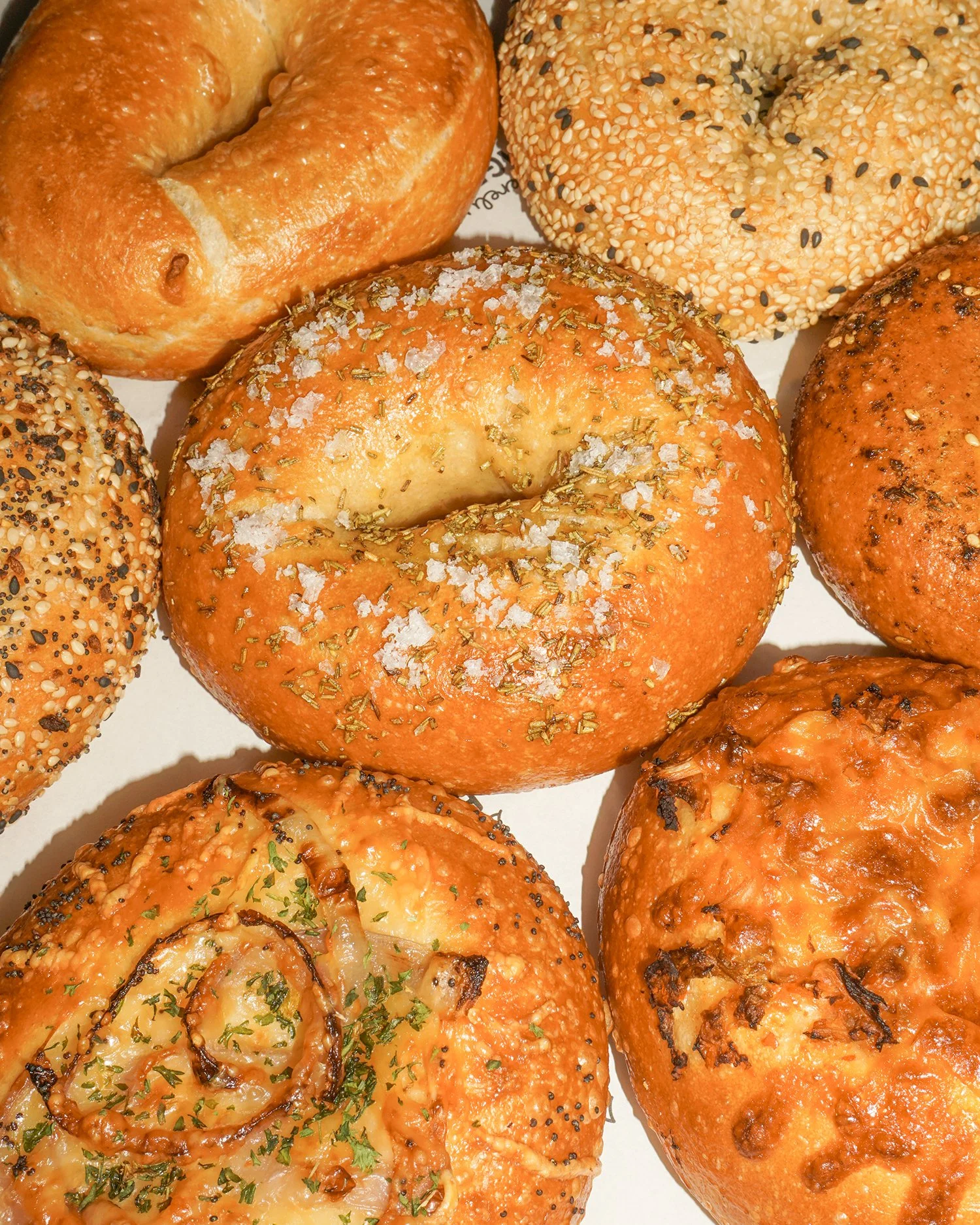 Assorted bagels topped with sesame seeds, herbs, and poppy seeds