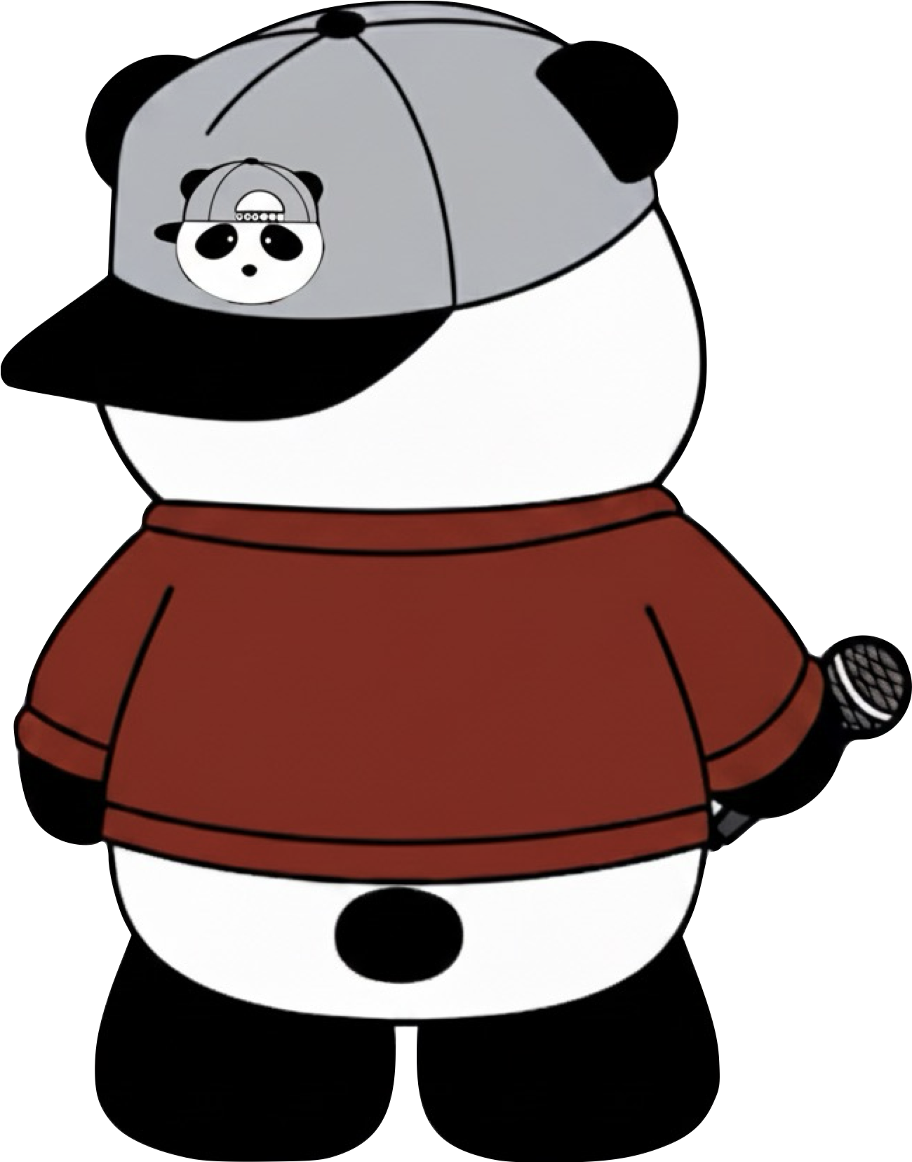 Cartoon panda wearing a red hoodie, black hat with a panda pattern, and holding a microphone.