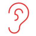 Icon of a human ear in red outline.