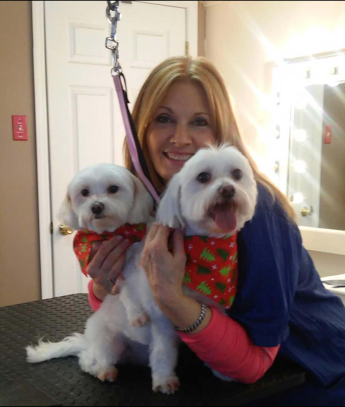Jean with Two Well-Groomed White Dogs in a Grooming Salon