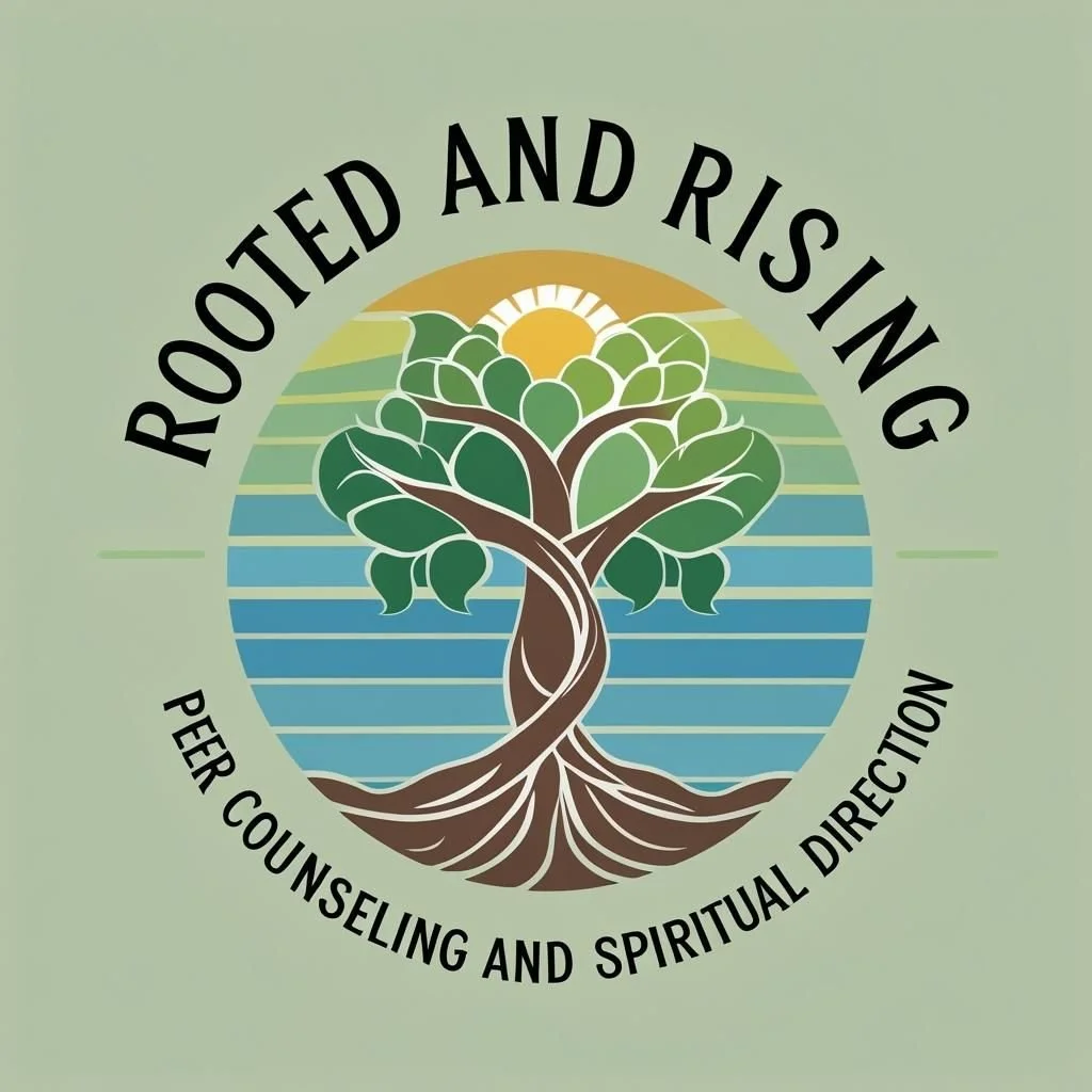 A logo with a tree with twisted roots and green leaves, a sun rising behind the tree, and a background of colored stripes in shades of blue, green, and yellow. The text around the logo reads "Rooted and Rising" at the top and "Peer Counseling and Spiritual Direction" at the bottom.