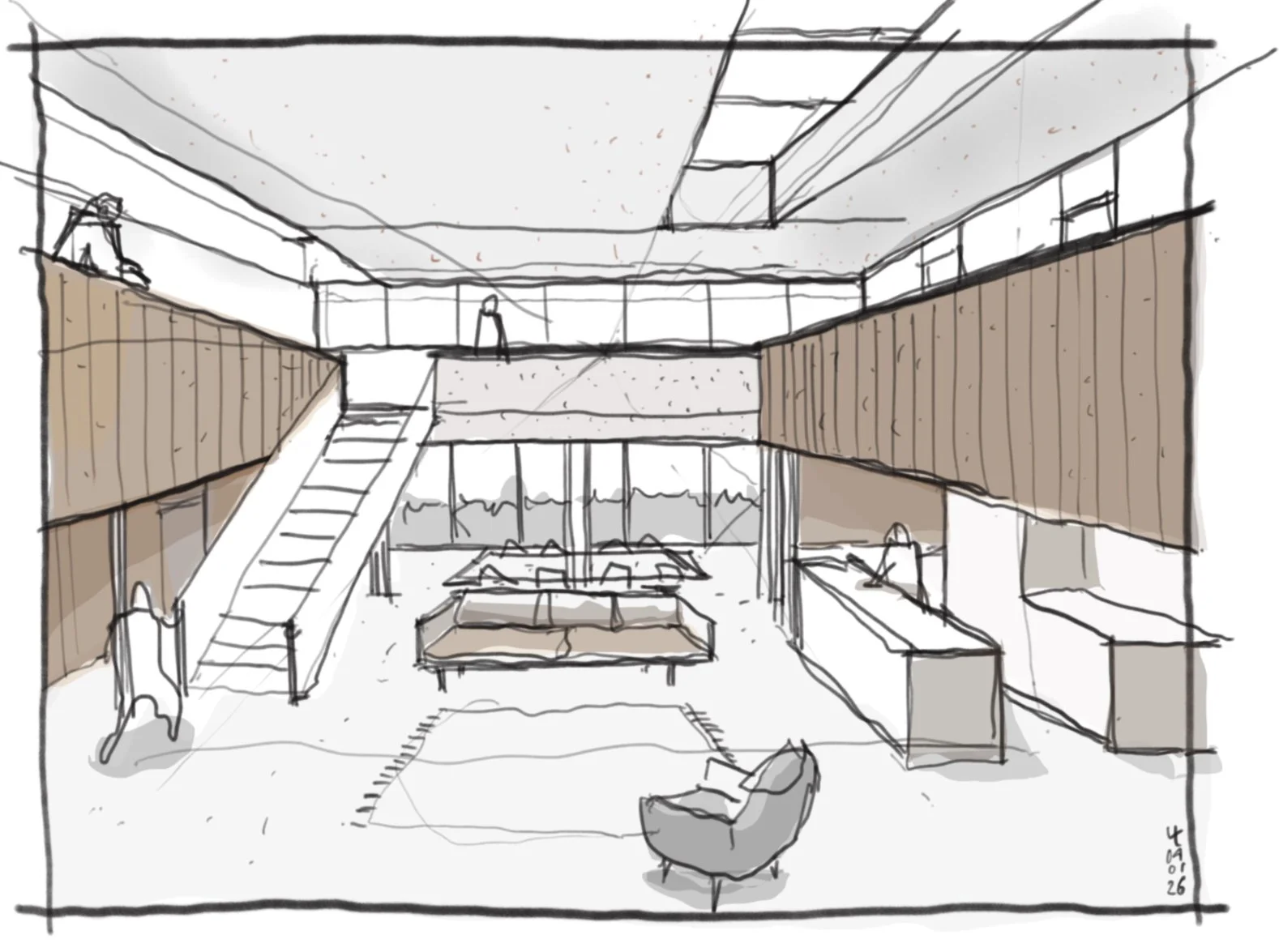 Sketch of a modern, open-concept living space with a high ceiling, large windows, a loft area, stairs, a sofa, a chair, and kitchen counters.