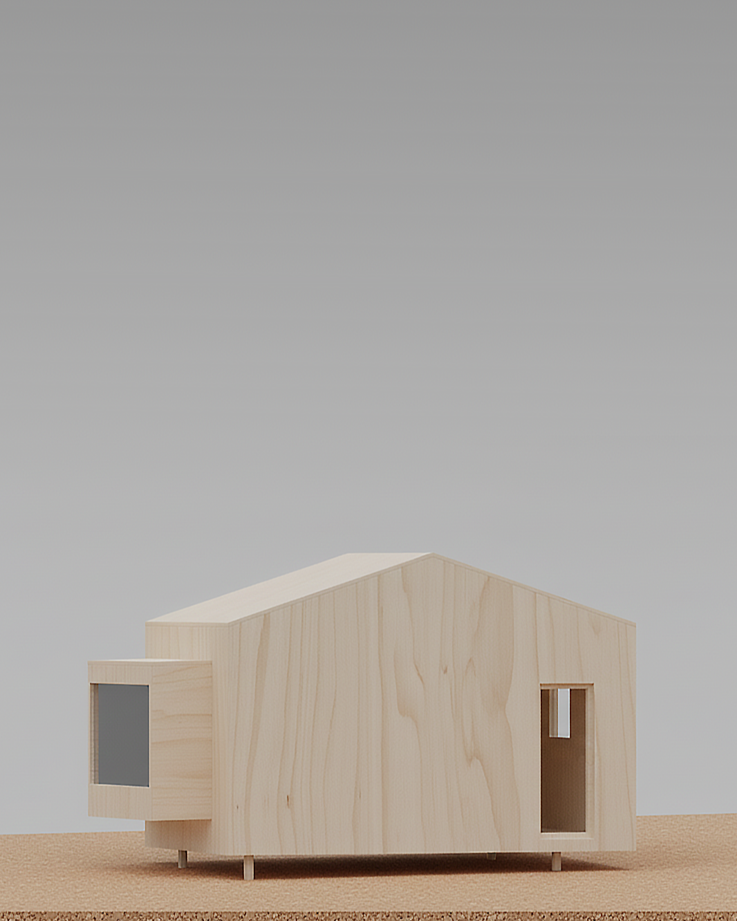 Minimalist wooden house model with a sloped roof and rectangular windows on a flat surface against a plain background.