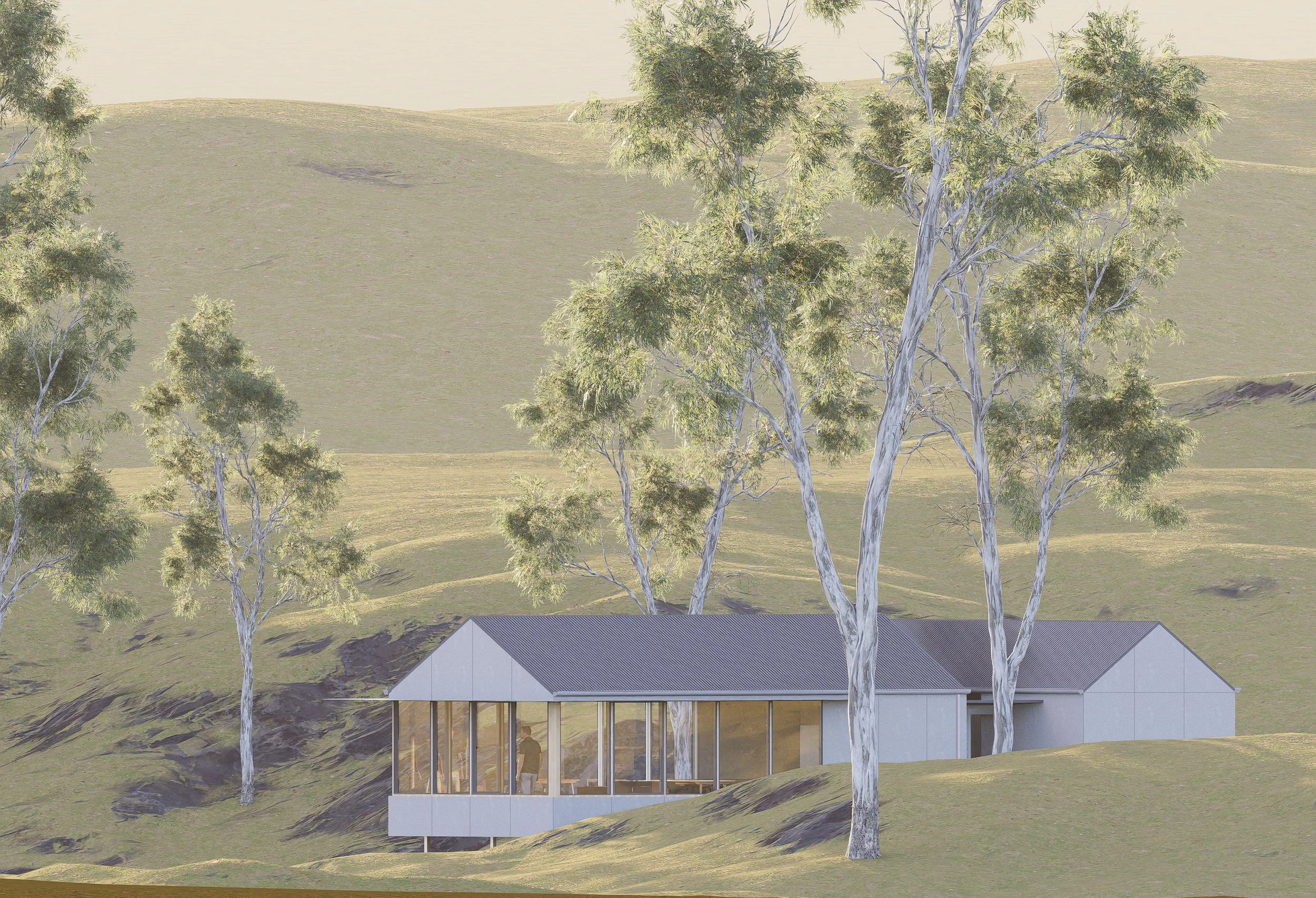 Modern single-story house with large glass windowsset into a hillside, surrounded by tall trees and rolling green hills.