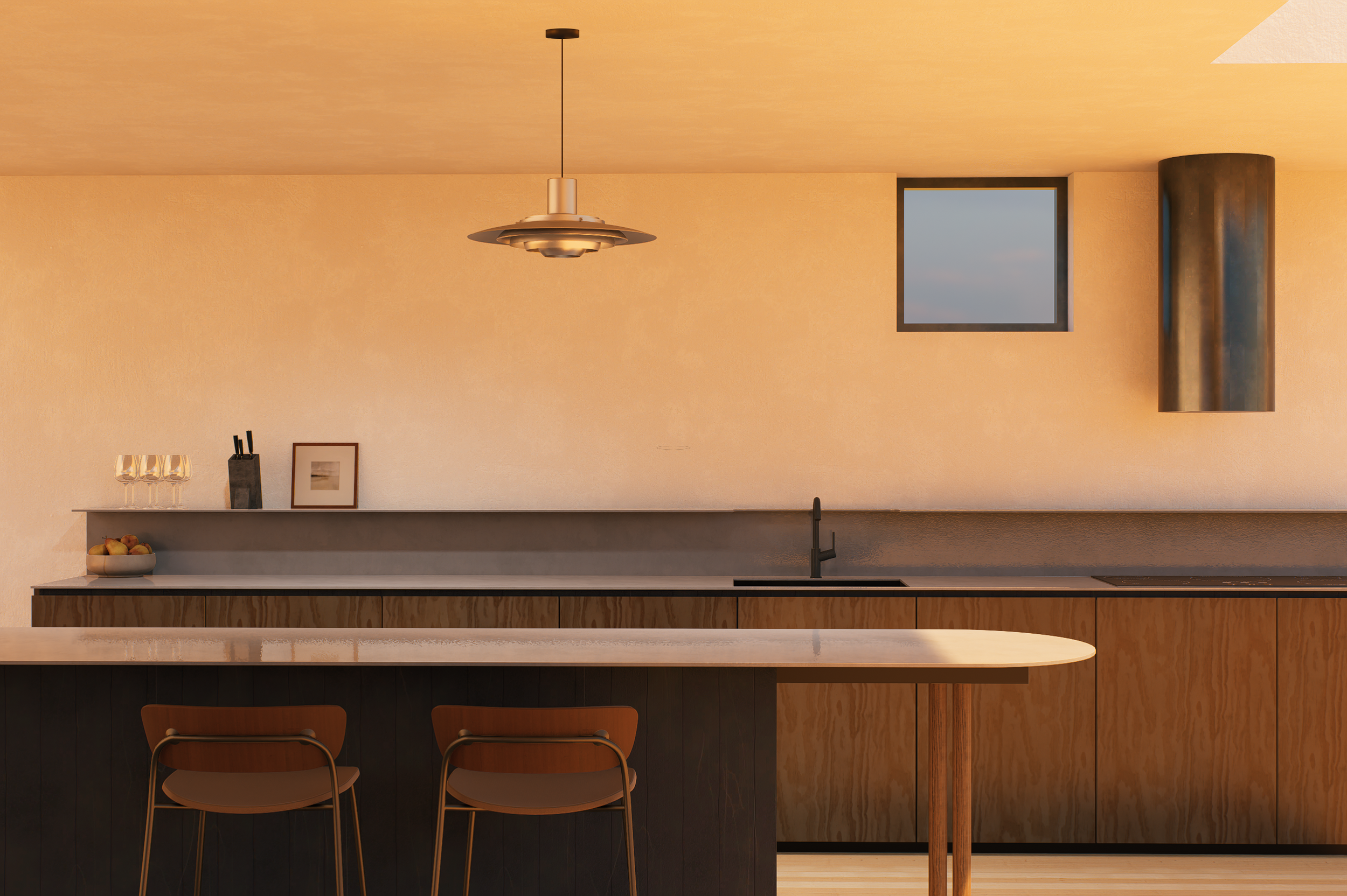 Modern kitchen with wooden cabinets, a small window, a hanging pendant light, and two chairs at a breakfast bar.