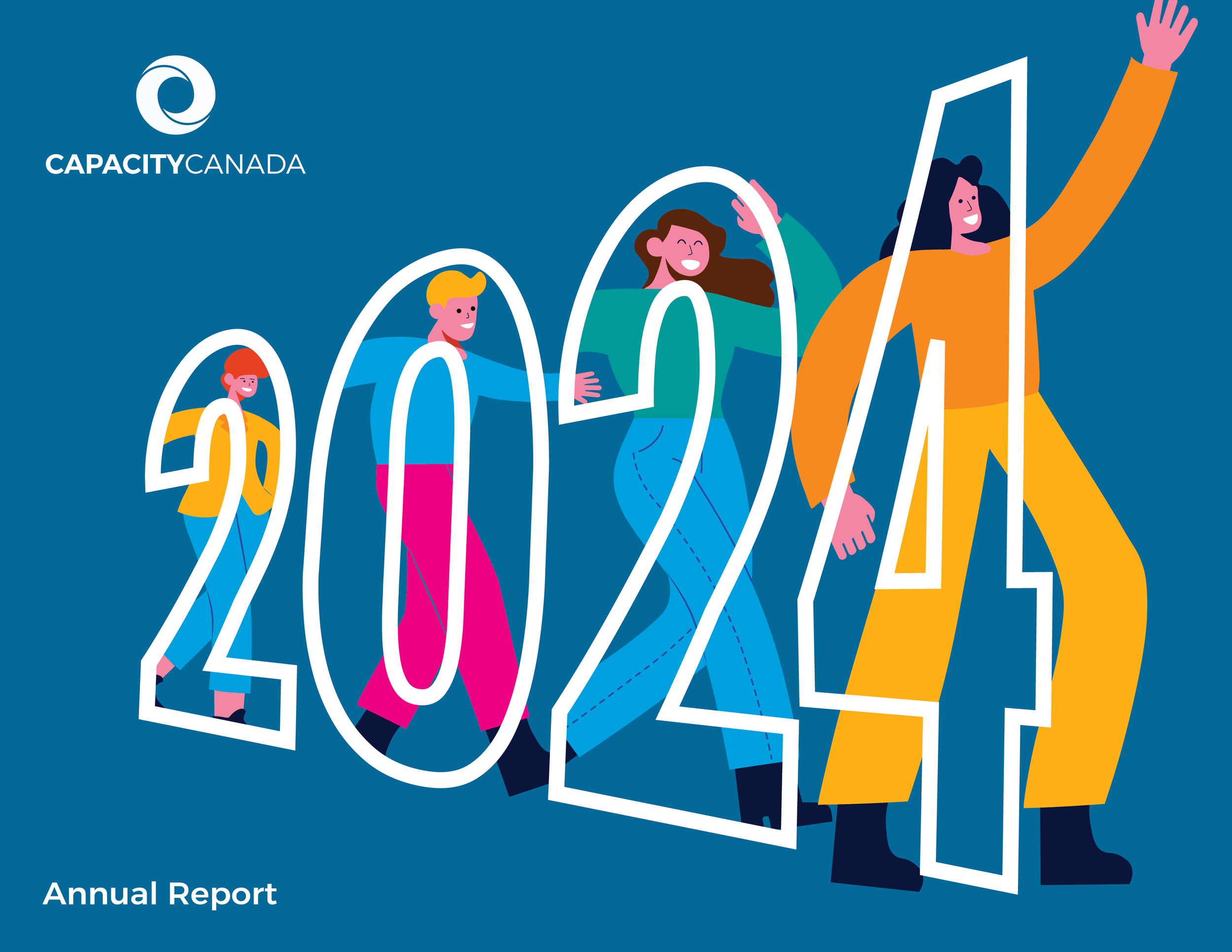 Illustration of the year 2024 with four diverse people walking through the numbers, celebrating, on a blue background. Capacity Canada logo and 'Annual Report' text.