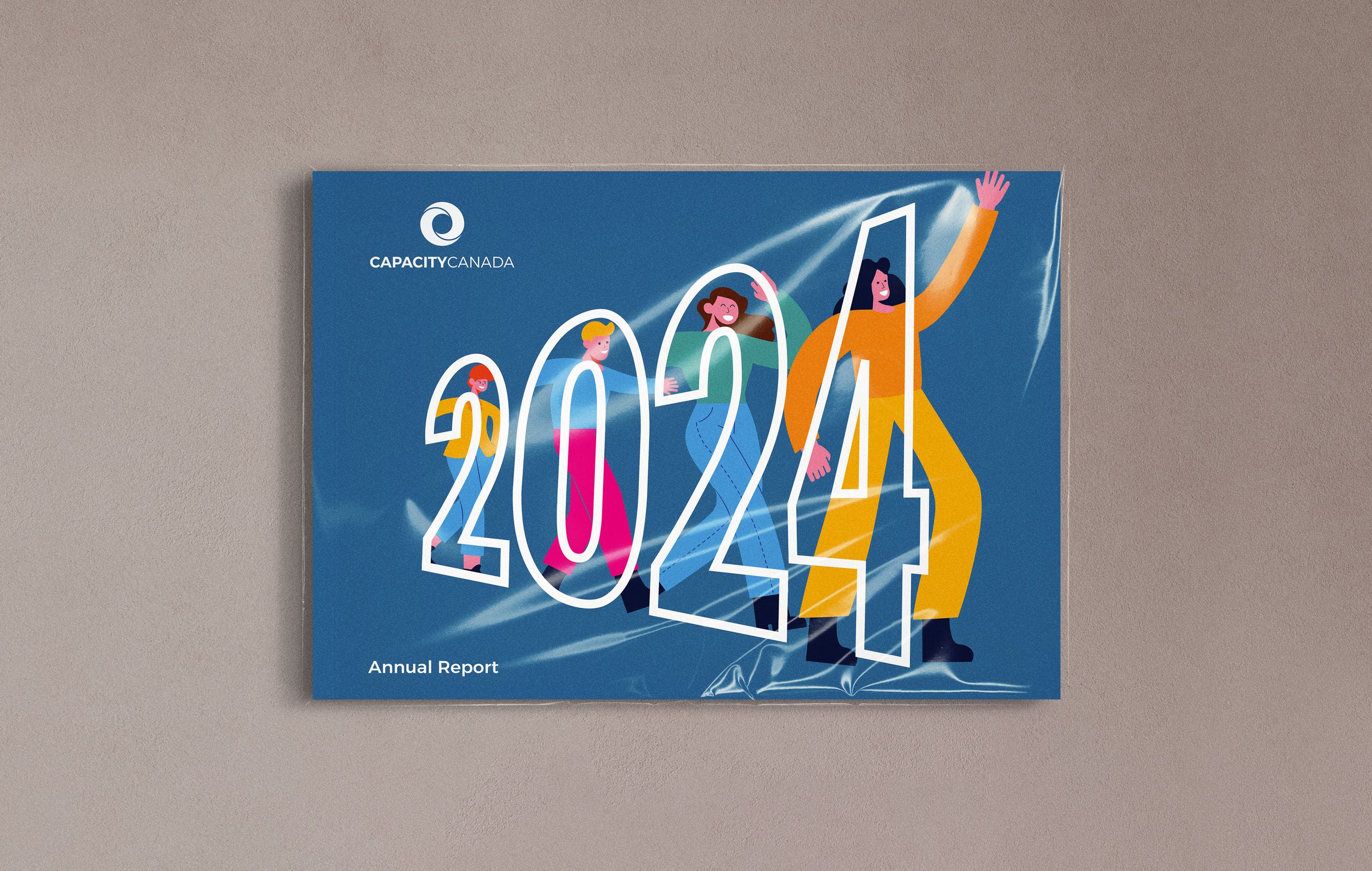 Cover of Capacity Canada's 2024 annual report featuring animated figures of diverse people in front of a large, stylized '2024' with a blue background.