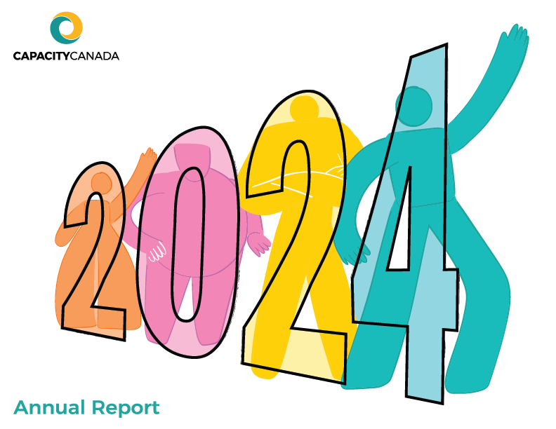 Illustration of the numbers 2024 with colorful, cartoon-style human figures, representing celebration or unity, with the CAPACITY CANADA logo in the top left corner and 'Annual Report' text in the bottom left corner.