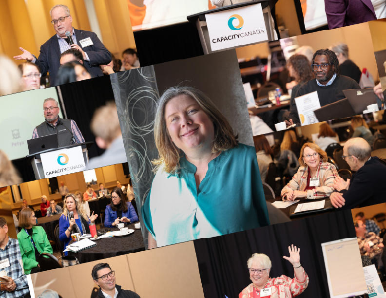 Collage of people at a conference or seminar, including a woman smiling at the camera, speakers at podiums with Capacity Canada logos, and attendees sitting at round tables engaged in discussions.