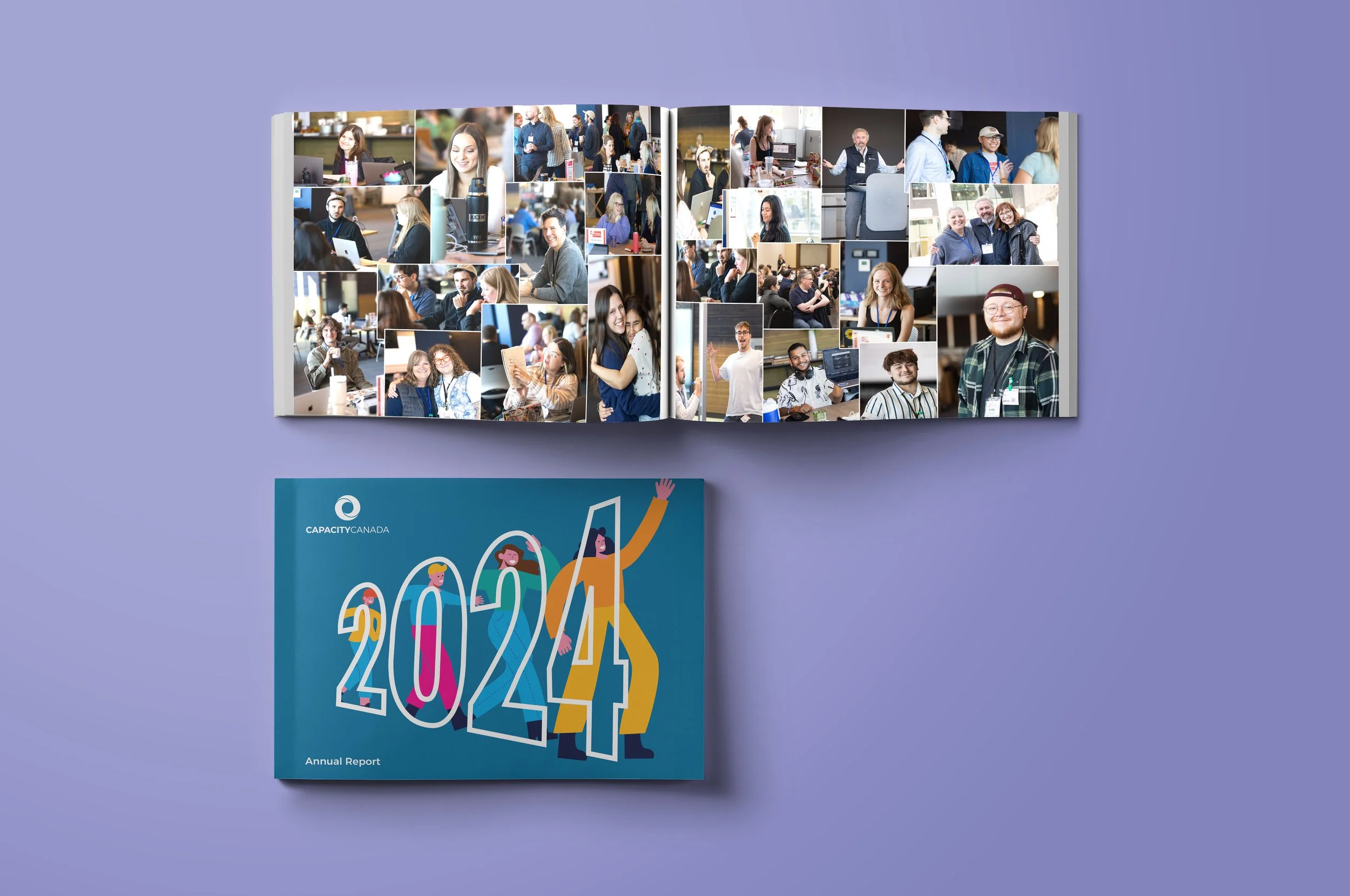 Open photo album with multiple pictures of people at a conference or event, placed above a colorful annual report titled '2024' with cartoon illustrations of people, on a purple background.