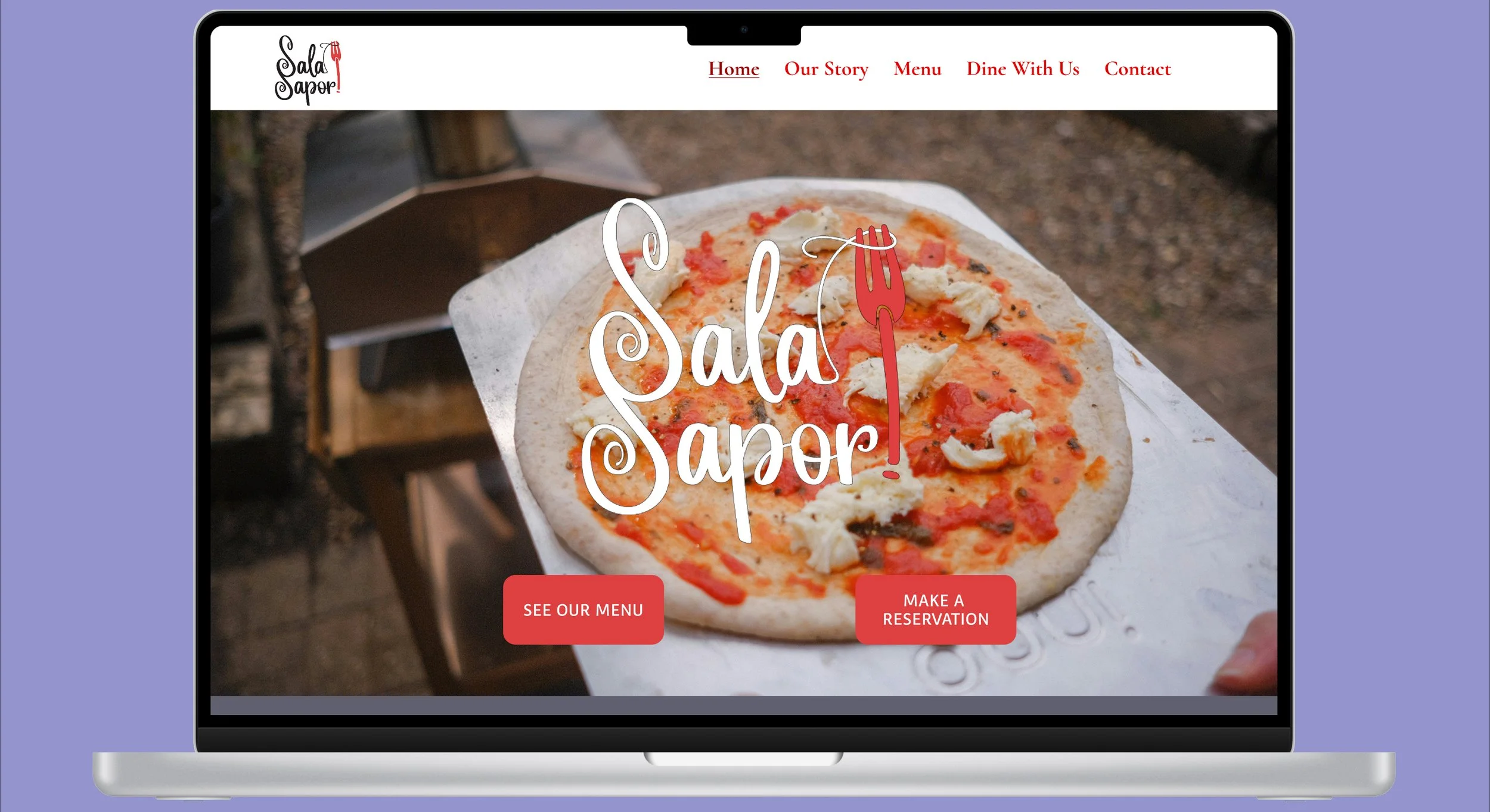 Laptop displaying the homepage of Sala Sapor, a pizza restaurant. The screen shows a pizza being held with a wooden pizza peel, with the restaurant's logo and menu options at the top, and buttons for viewing the menu and making a reservation.