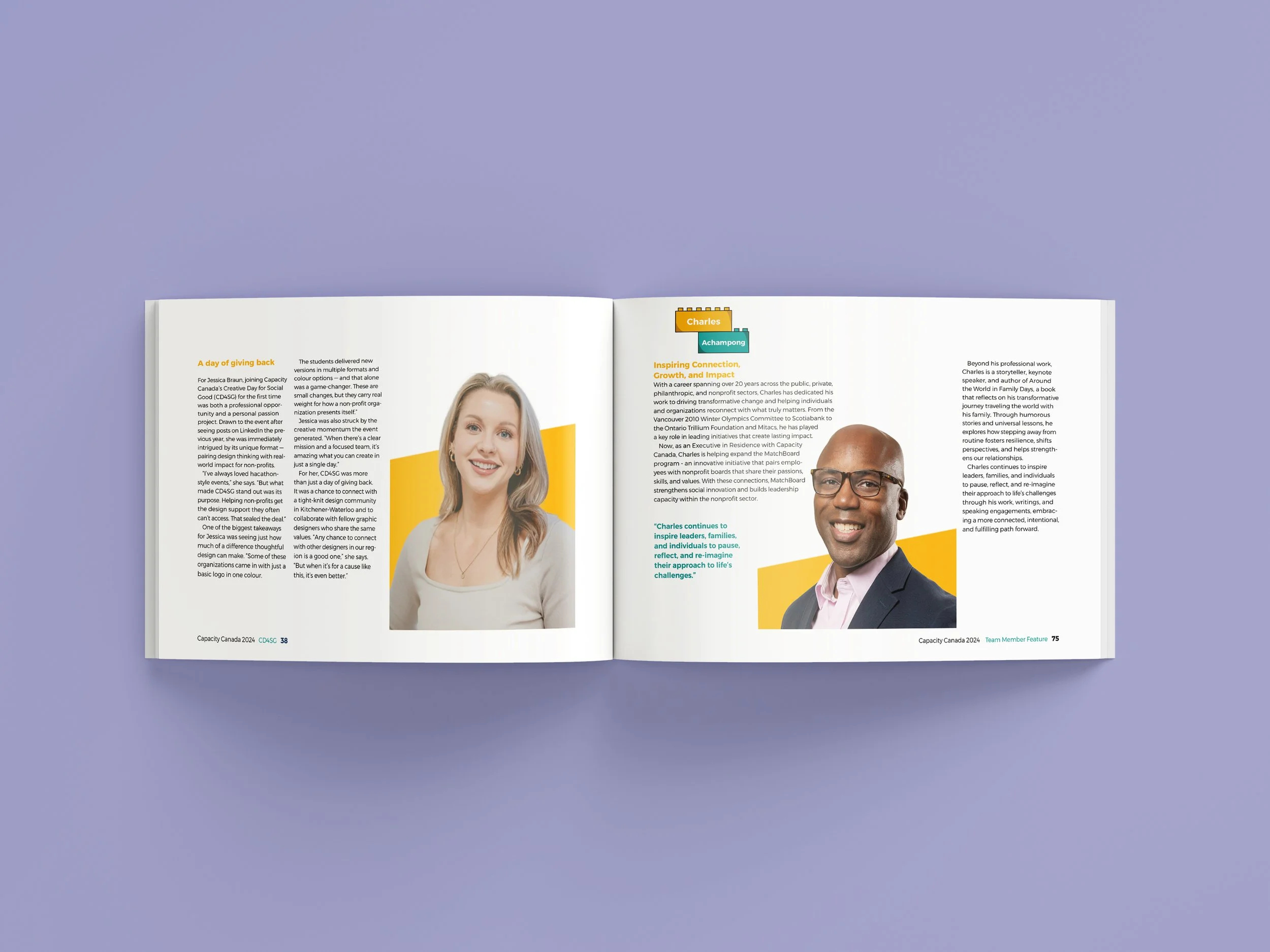 Open magazine with two pages featuring portraits and articles about two individuals, one woman on the left and one man on the right, with colorful design elements and text.