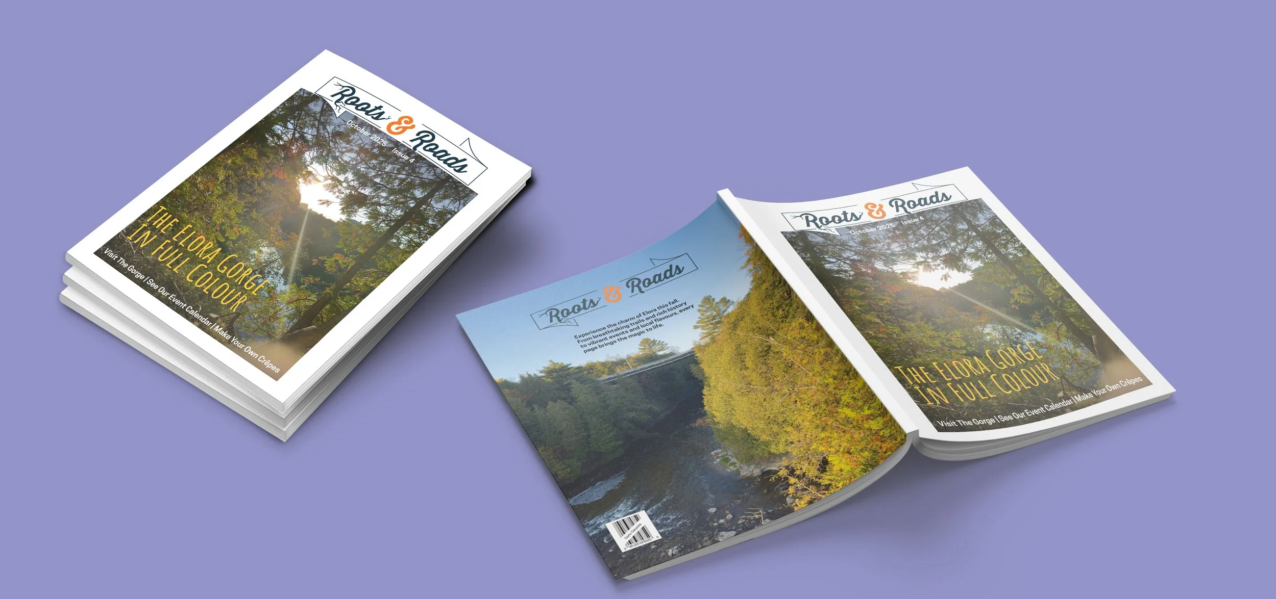 Open magazine and stack of magazines featuring a cover photo of a wooded river scene with sunlight shining through the trees, titled 'Root & Roads' with a subtitle about Elora Gorge.