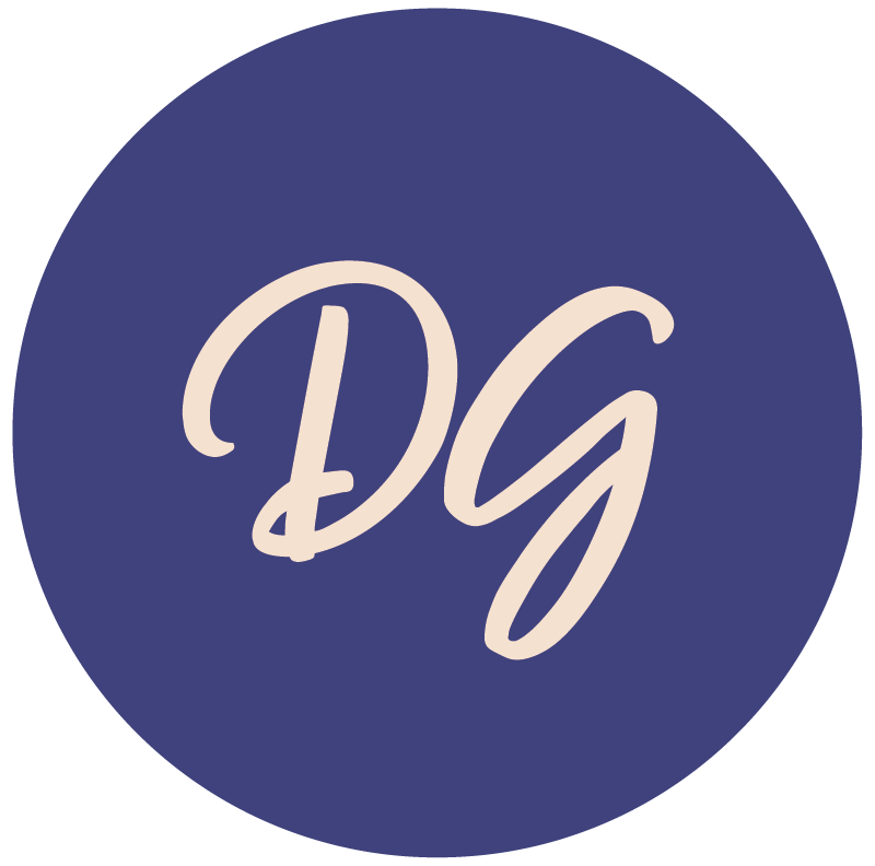 Blue circular logo with the cursive letters 'Dg' in beige color.