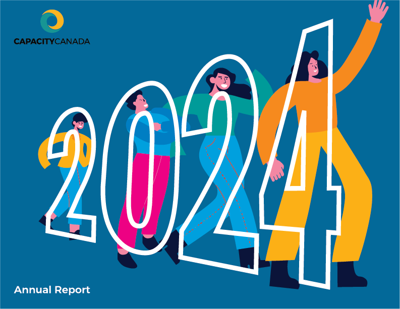 Illustration of four diverse women interacting with large, outlined numbers forming "2024" against a blue background with the Capacity Canada logo in the top left corner, and the text "Annual Report" in the bottom left corner.
