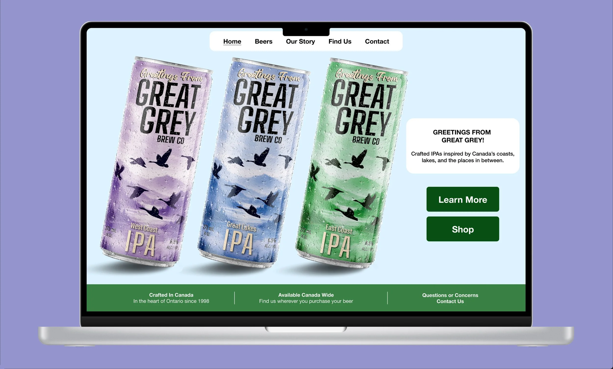 Laptop screen displaying a website for Great Grey Brew Co showcasing three cans of IPA beer in purple, blue, and green packaging, with a navigation menu at the top, description on the right, and green buttons for 'Learn More' and 'Shop'.