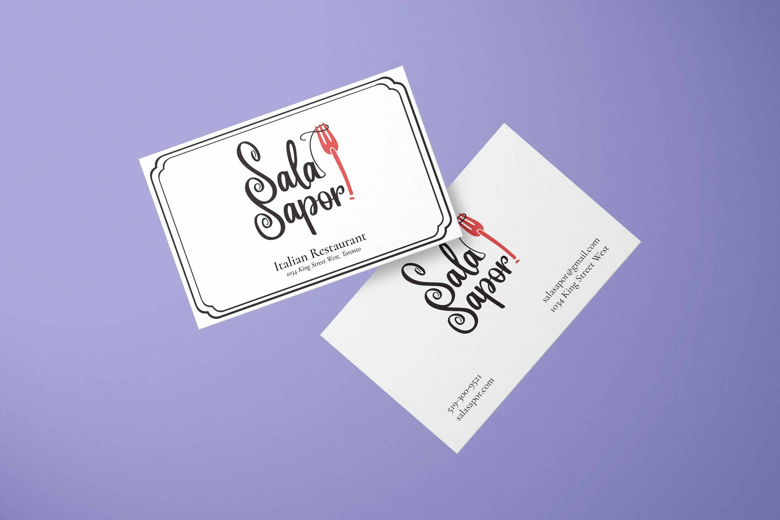 Business cards for Sala Sapor, an Italian restaurant, featuring black and red text and a logo with a fork on a purple background.