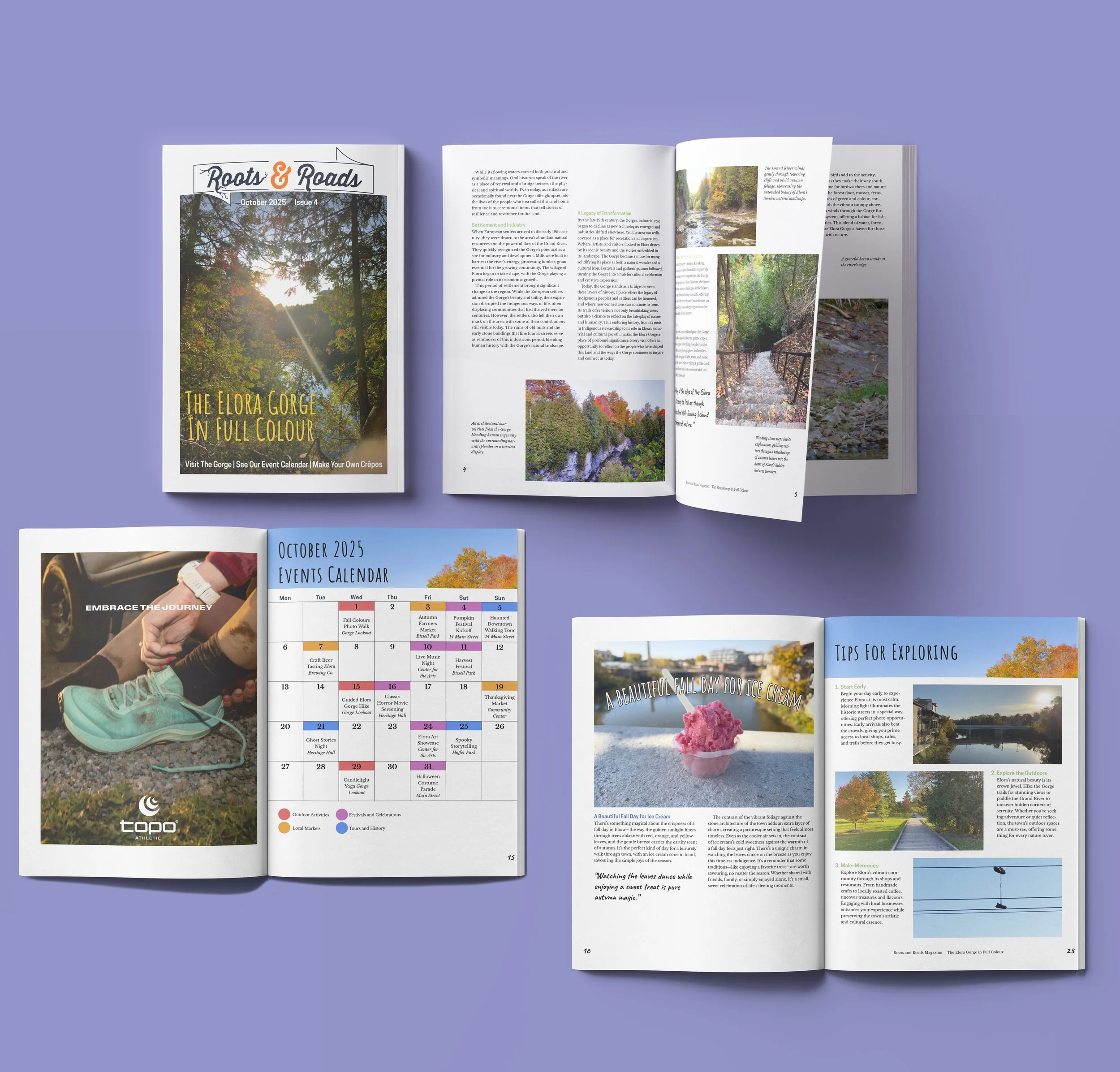 Open magazines and a calendar on a lavender background. The magazines feature articles about scenic outdoor locations, including a gorge, fall foliage, and tips for exploring. The calendar displays events for October 2025.