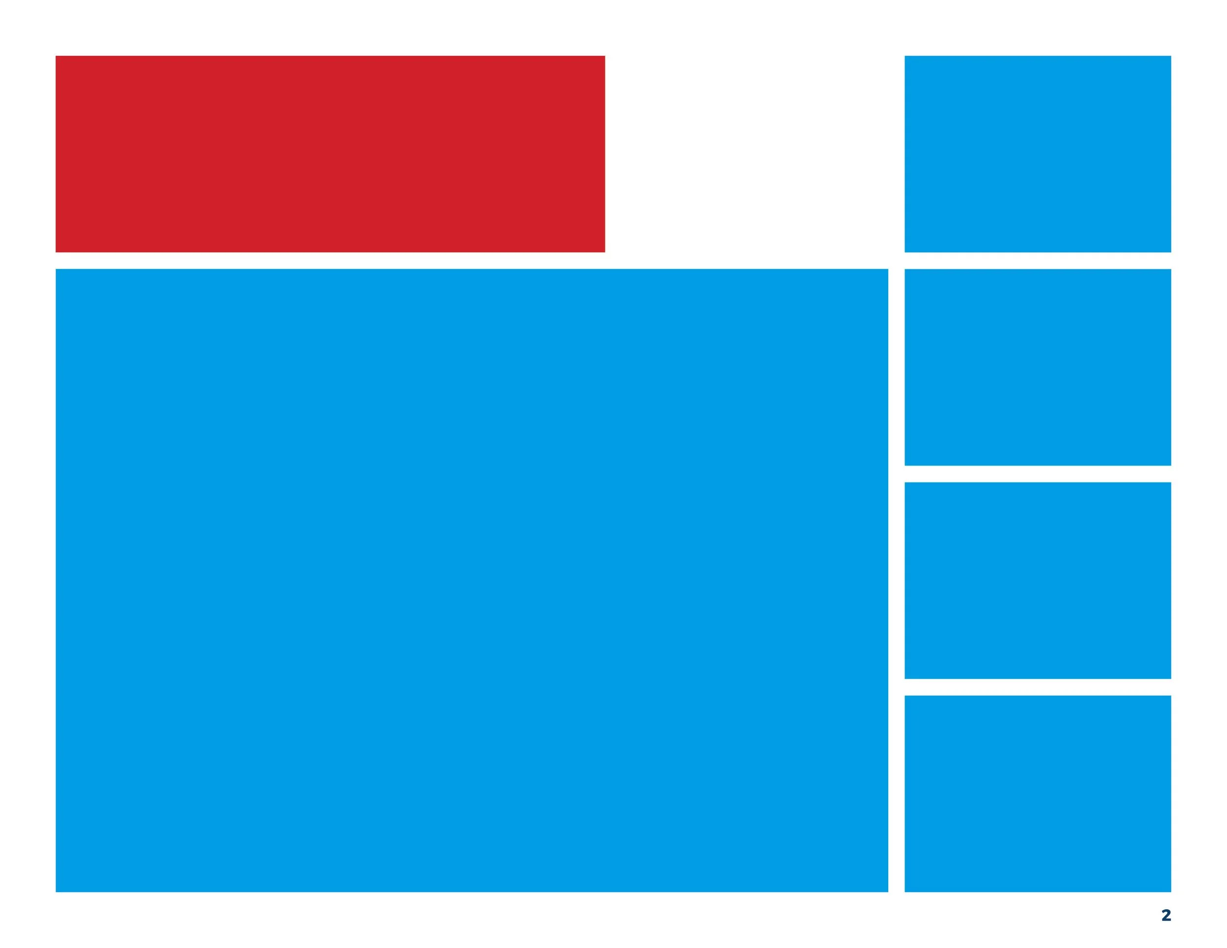 A digital presentation slide with a geometrical design. The slide includes five rectangular blocks: one large blue block on the left, three smaller blue blocks on the right, and one smaller red block at the top of the large blue block. The background of the slide is white.