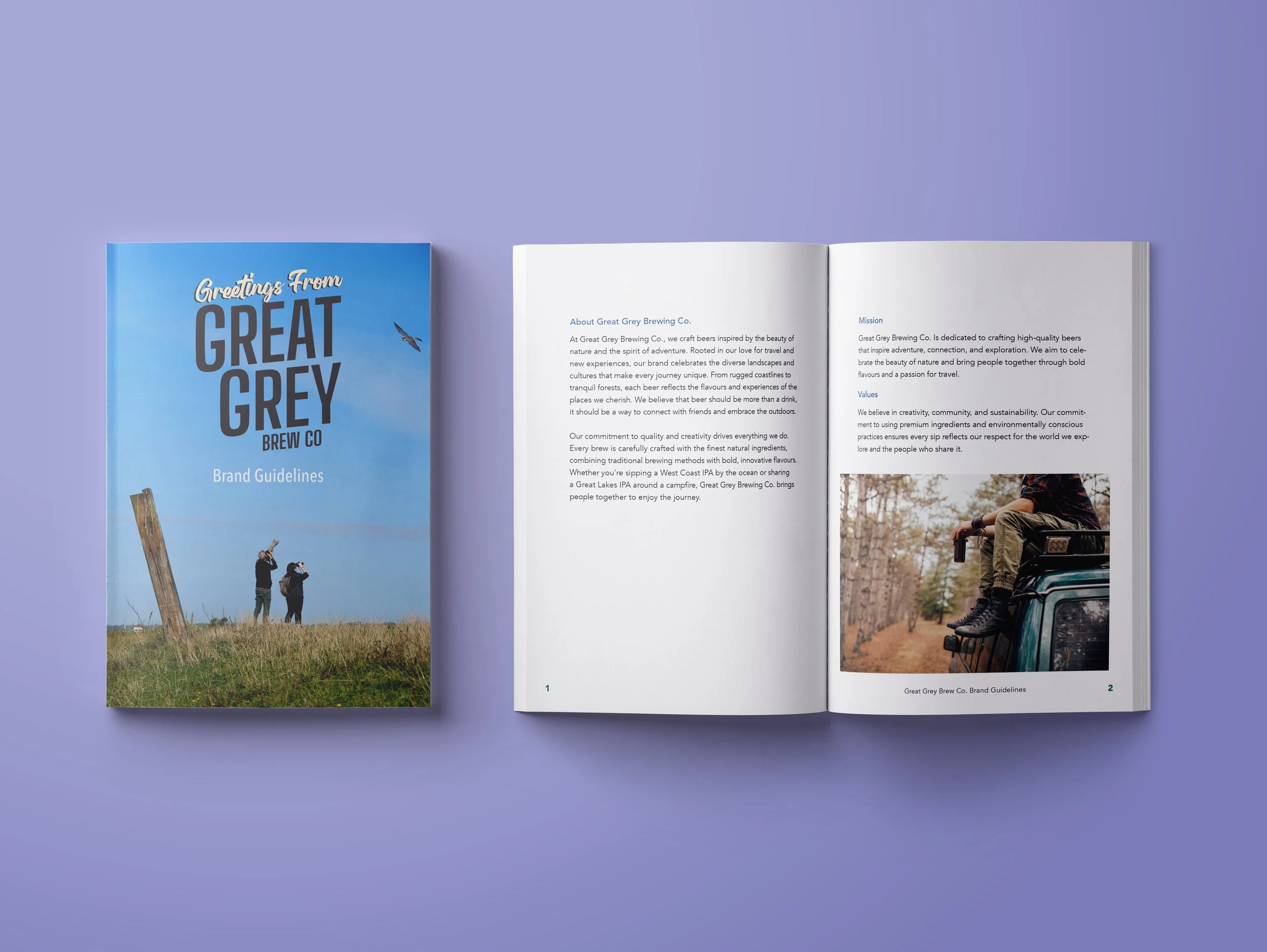 Open brand guidelines booklet for Great Grey Brew Co, with text about their mission and values, and a photo of a person sitting on a vehicle in a wooded area.