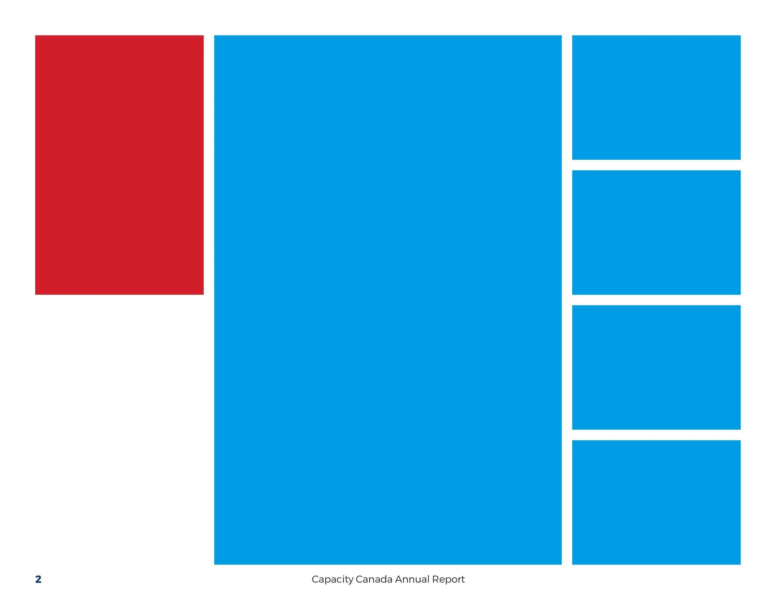 A page from Capacity Canada Annual Report with a large blue rectangle, a smaller red rectangle, and five smaller blue rectangles arranged vertically.