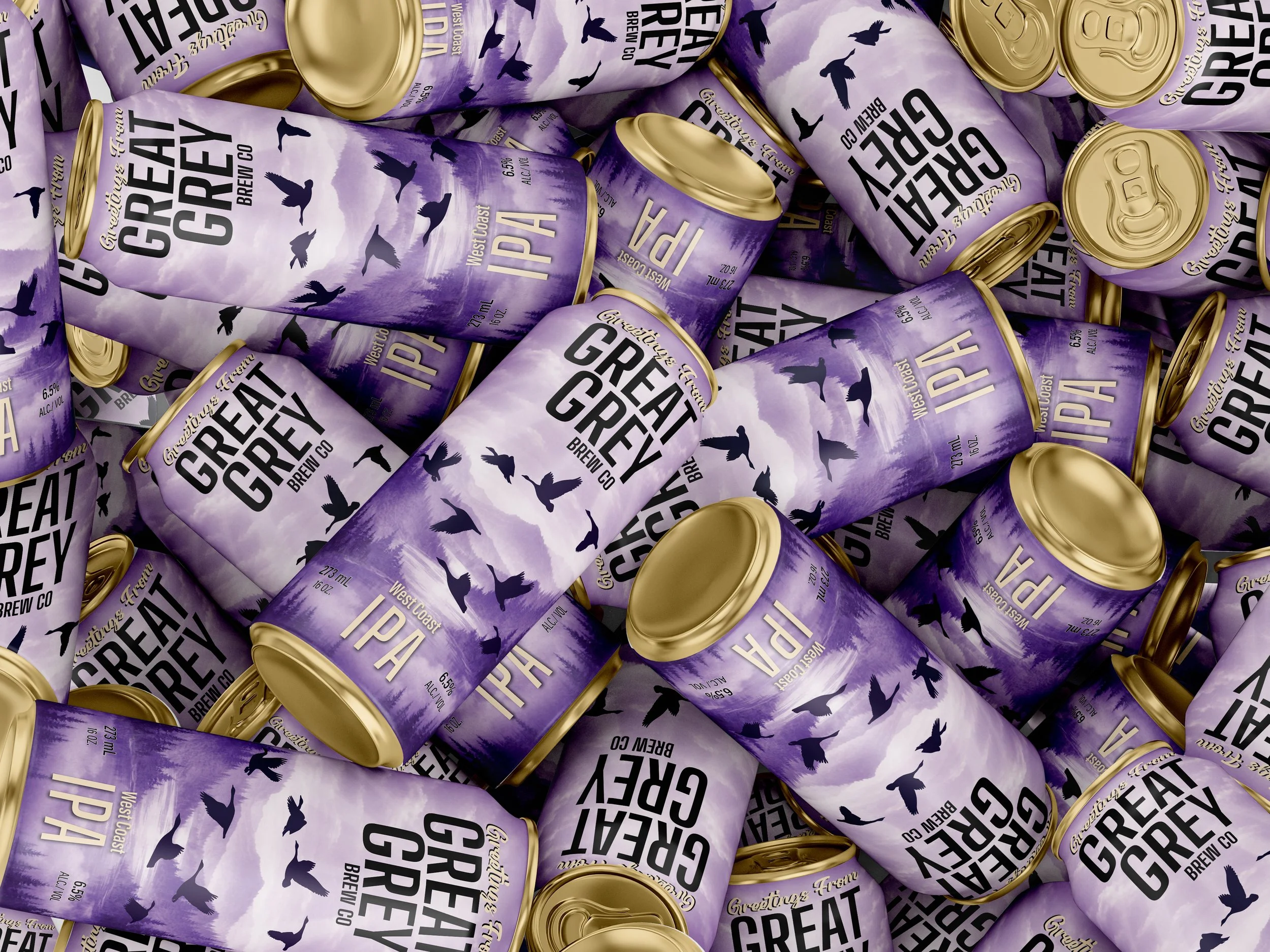 A pile of purple cans of Great Grey Brew Co West Coast IPA beer with gold pull tabs and a design of flying birds on the label.