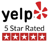 Yelp logo with 5-star rating displayed