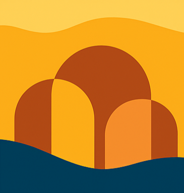 Abstract illustration with yellow, orange, and dark blue shapes resembling arches and hills.