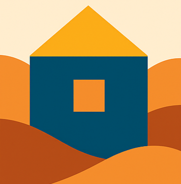 Illustration of a house with a yellow roof and dark blue walls, set against orange rolling hills.