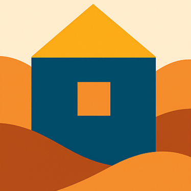 Abstract geometric illustration of a house with a triangle roof, a square window, and rolling hills in the background.