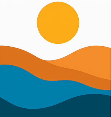 Abstract landscape with a yellow sun, orange and brown hills, and blue water.